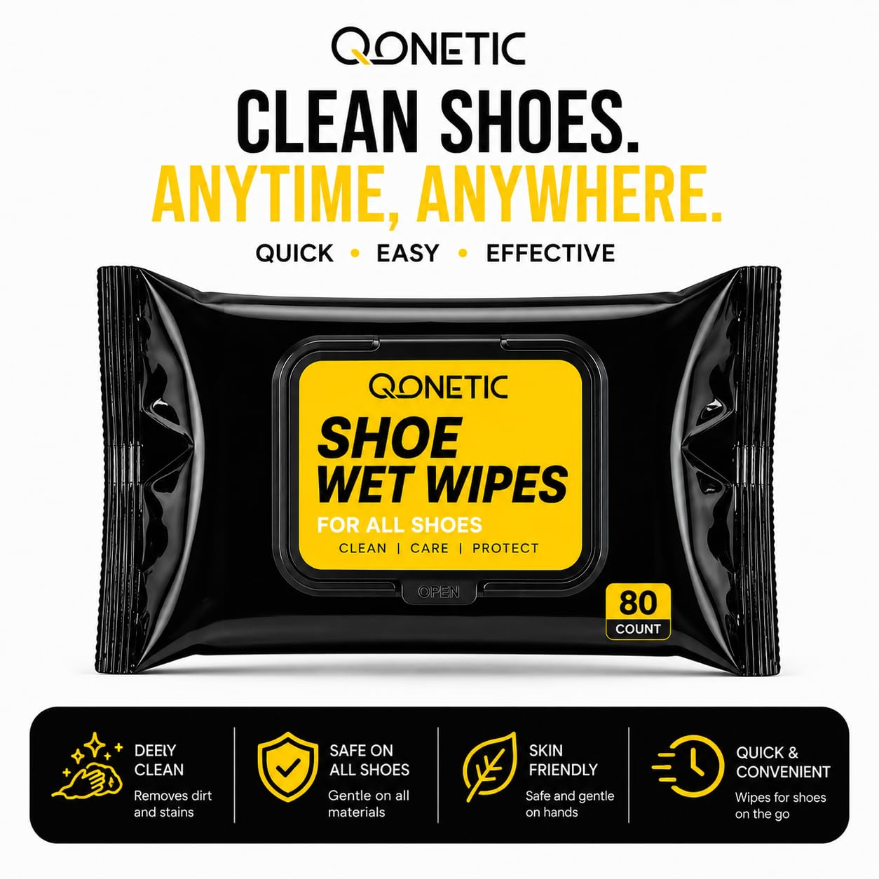 QONETIC Shoe Wipes & Sneaker Cleaner Wipes - 80 Pcs - Travel-Friendly & Disposable Shoe Cleaning Wipes for White Shoes, Leather, Canvas & Sports Footwear - Instant Dirt & Stain Remover 4