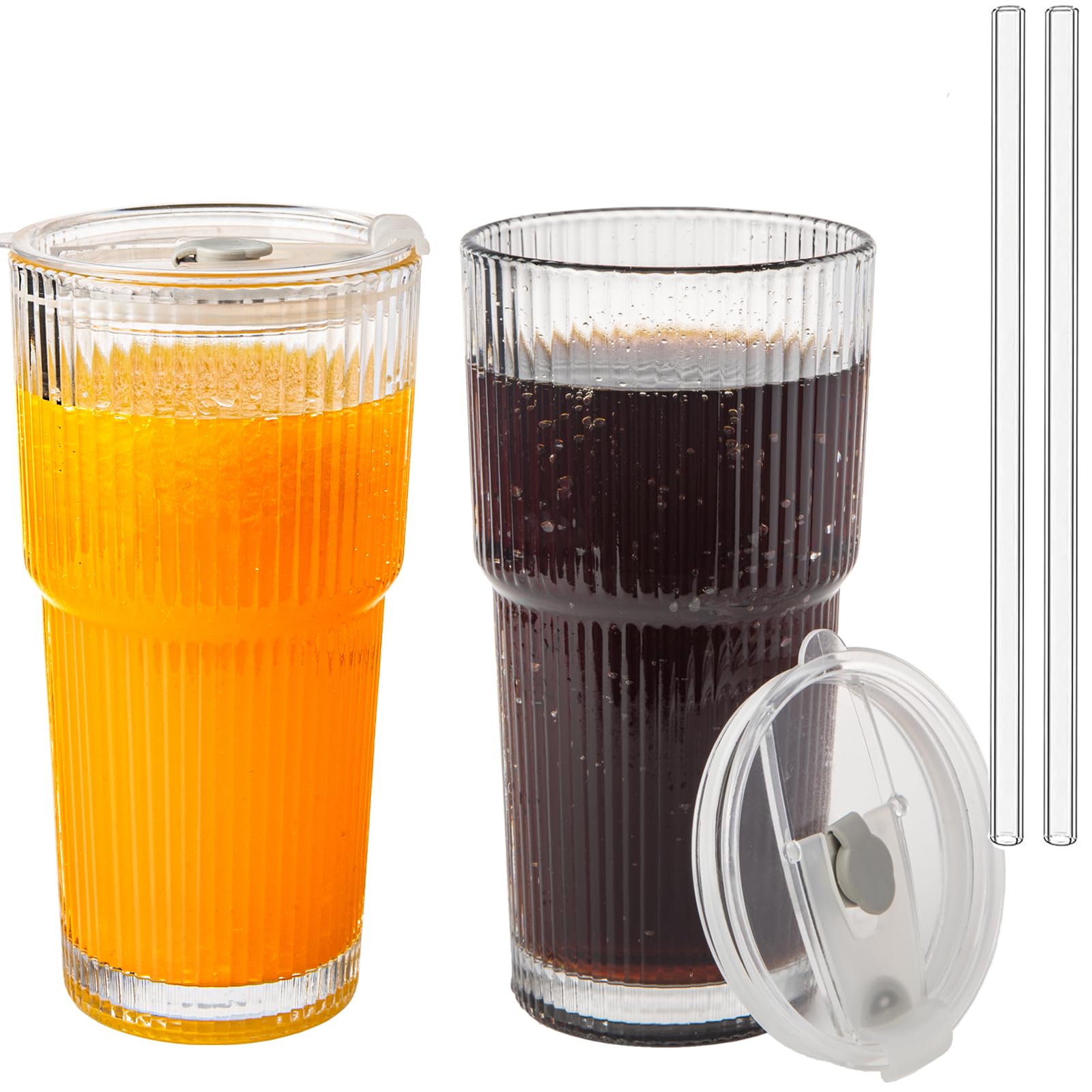 CAYOREPO 20oz Ribbed Glass Cups with Lids and Straws 2 Set, Vintage Glassware for Whiskey Cocktail Beer, Glass Tumbler, Iced Coffee Cups For Cold