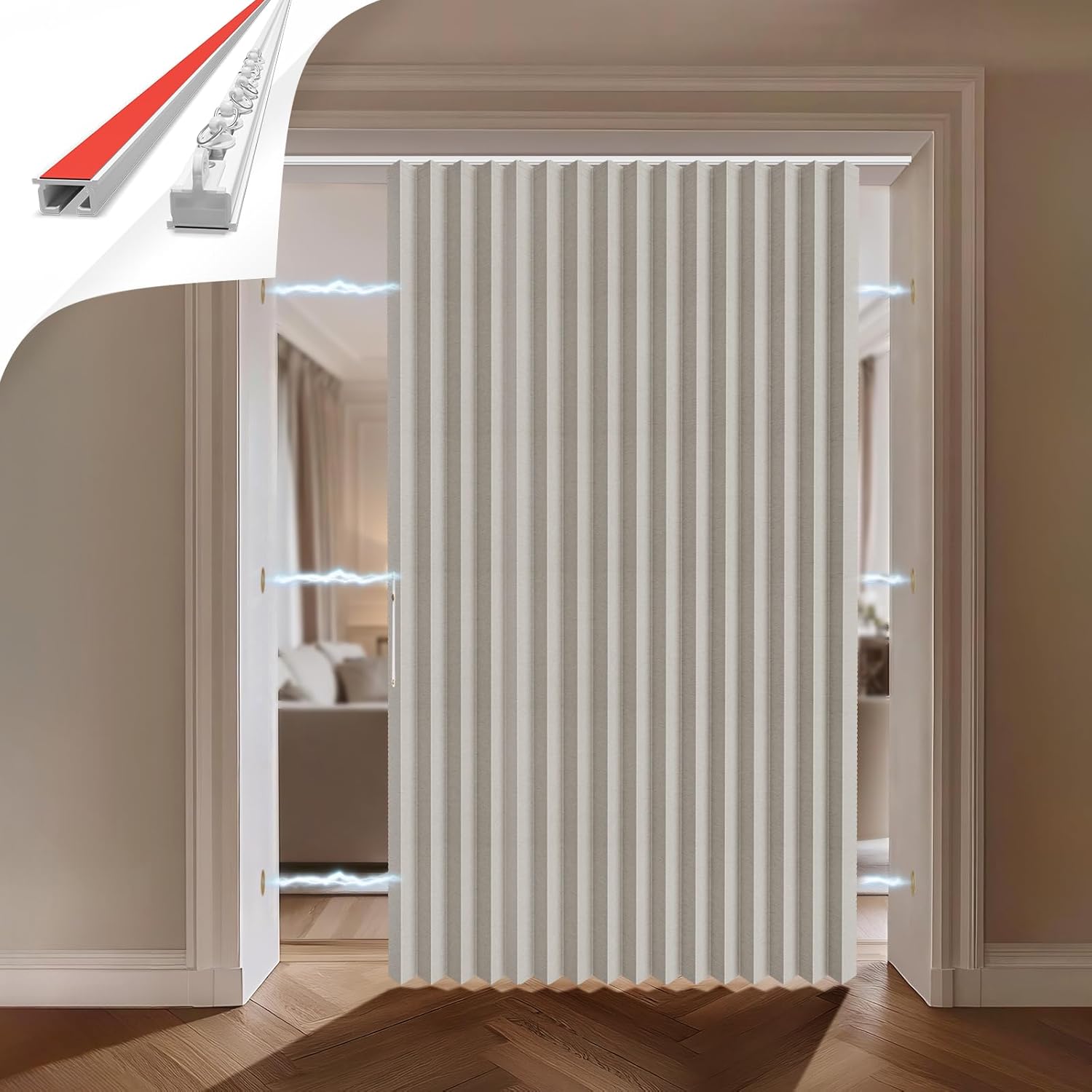 100% Blackout Accordion Door Curtain, Adhesive Curtain Track Included for Easy Installation Without Drilling, Off White - 72" W x 78" L Off-white 72"W x 78"L (Pack of 1)