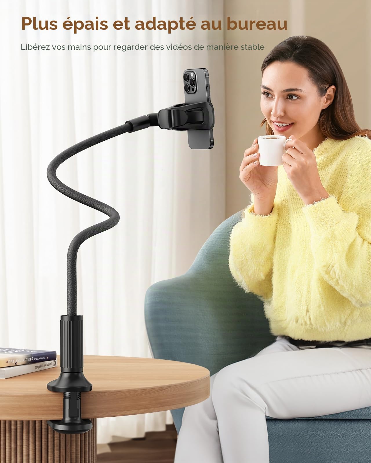 SAIJI Support téléphone avec col de Cygne de, 95cm Support téléphone de Chevet Étui en Cuir amélioré Stable et Durable, Rotation 360° Réglable pour iPhone, Huawei, Switch, Samsung (Noir)