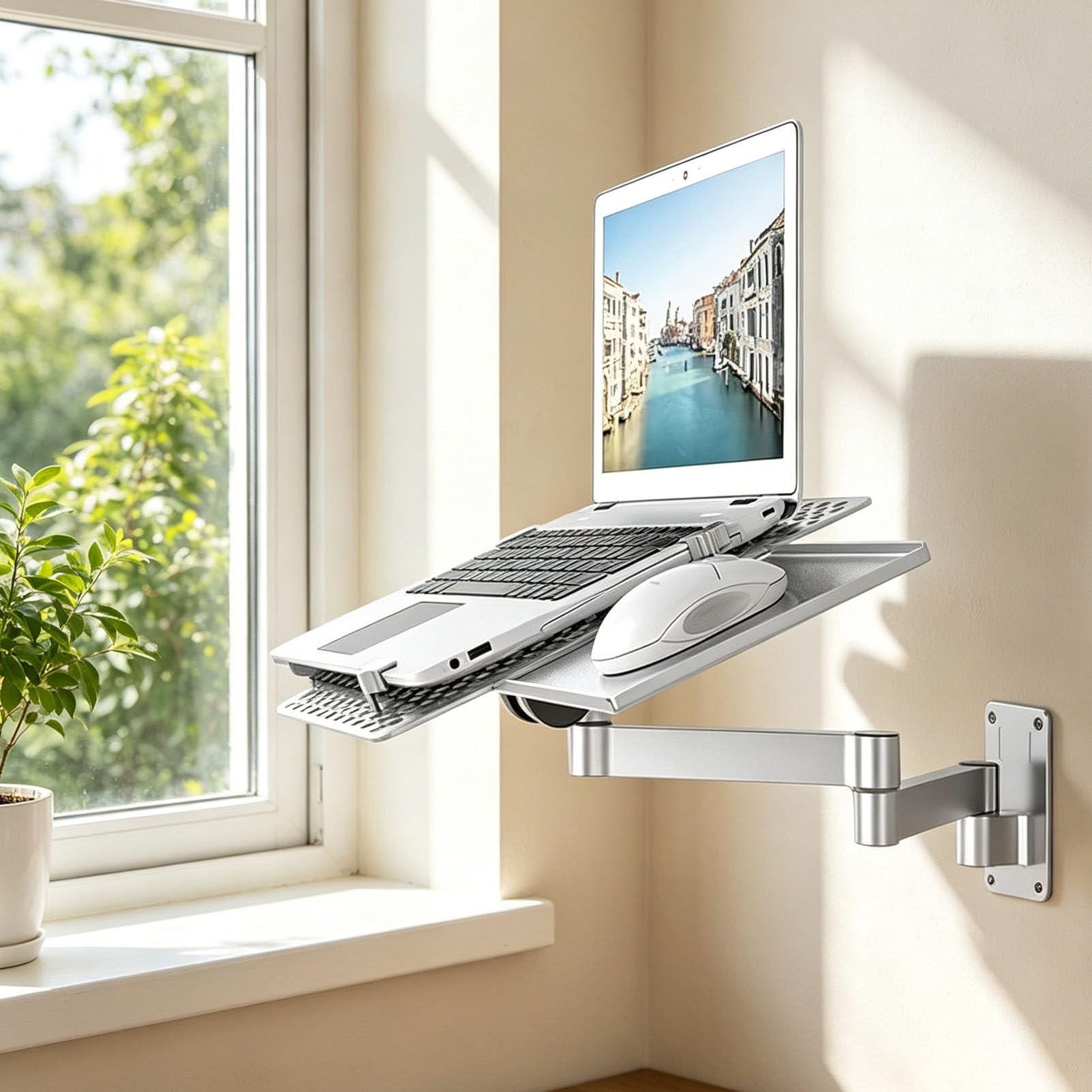 PioMue Adjustable Wall Mount Keyboard Arm Tray, Dual Full Motion Swivel Support, Space Saving Aluminum Platform For Office Keyboard And Mouse Use