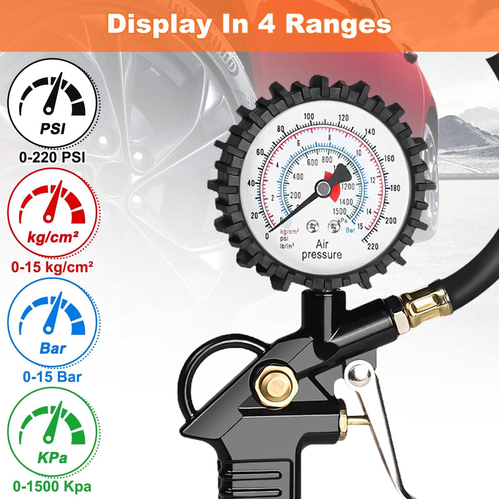 220 PSI Manómetro Neumáticos, Medidor Presión Digital Alta Precisión, Pistola Inflado con Manguera & 4 Tapones Válvula, Accesorios Compresor para Coche, Bicicleta, Camión, Motocicleta