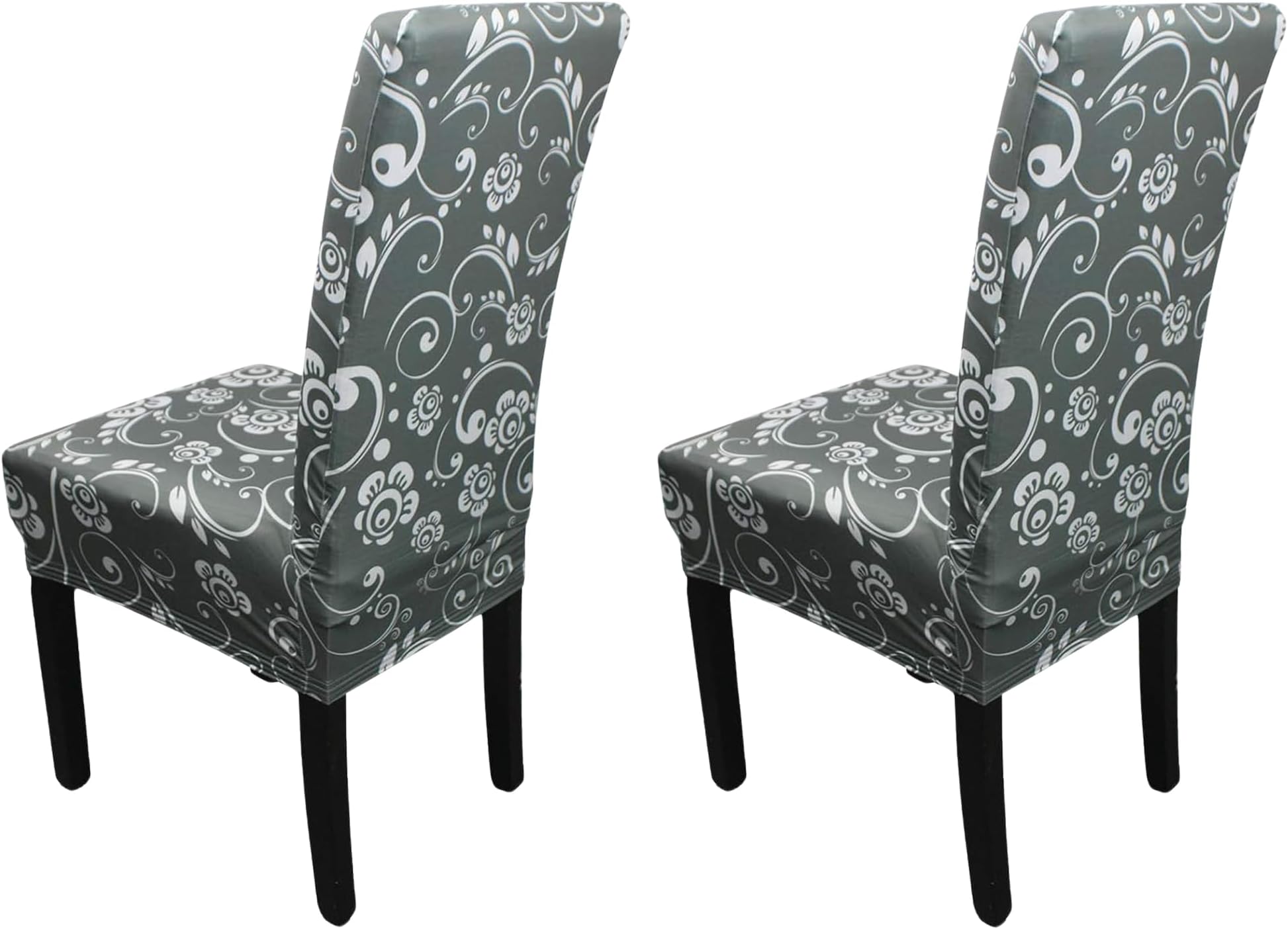 Printed High-Back Chair Covers for Dining Room Chairs – Spandex Stretch, Universal Armless Chair Protective Slipcover for Kitchen, Wedding, Party, Banquet & Hotel, Eye Floral - Grey, Pack of 2