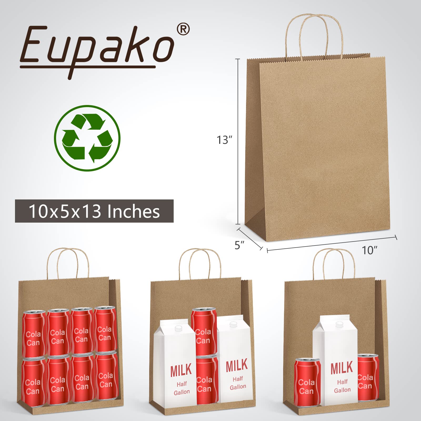 Eupako Bolsas de compras Kraft de 10 x 5 x 13 pulgadas, 100 bolsas de papel marrón con asas, bolsas de regalo de papel kraft a granel, bolsas de recuerdos de fiesta, bolsas de mercancía, bolsas de