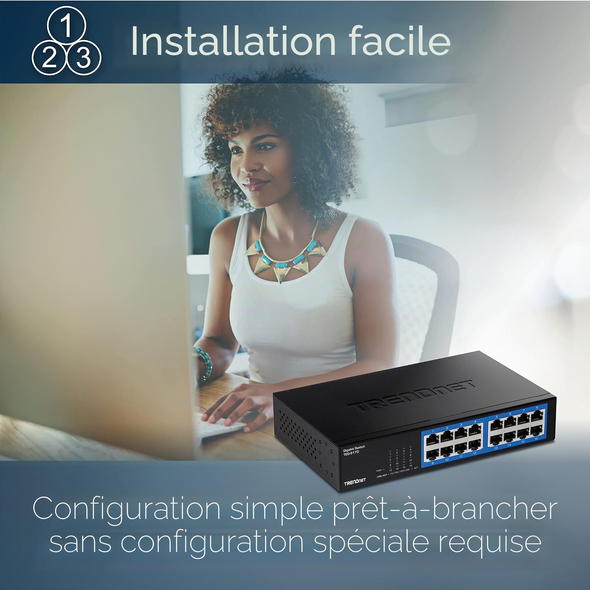 TRENDnet, TEG-S17D, Commutateur de Bureau Gigabit 16 Ports, 16 Ports Gigabit RJ-45, capacité de Commutation 32 Gbit/s, Conception sans Ventilateur, boîtier métallique, Alimentation Interne, Noir