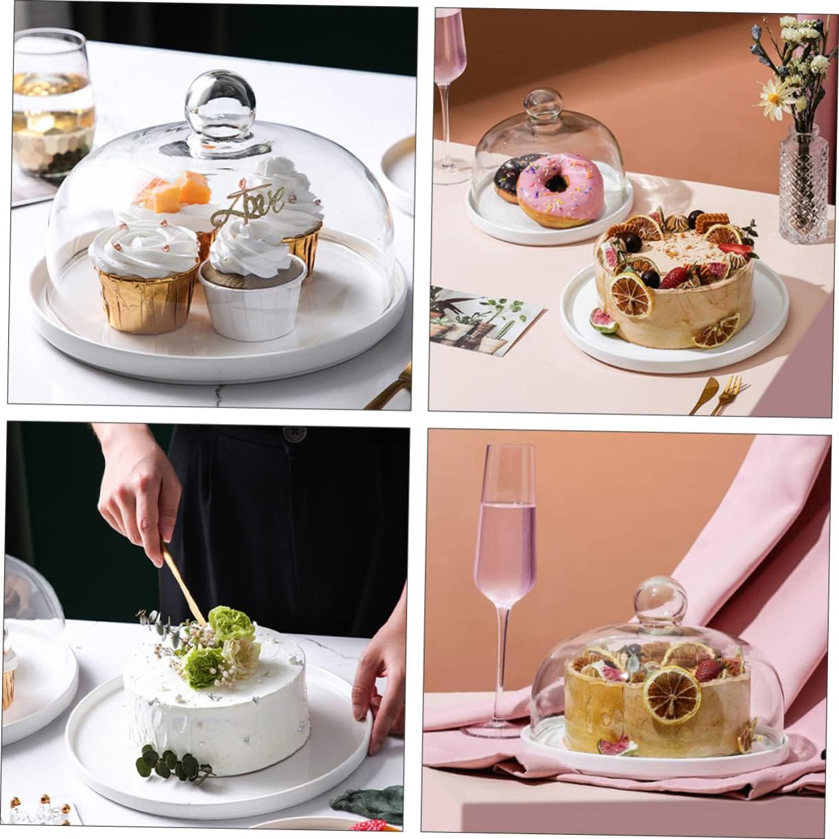 Alipis Elegant Ceramic Cake Plate with Glass Cover Dessert Platter for Serving Cakes Cupcakes and Fruits Dust Design for Parties and Gatherings