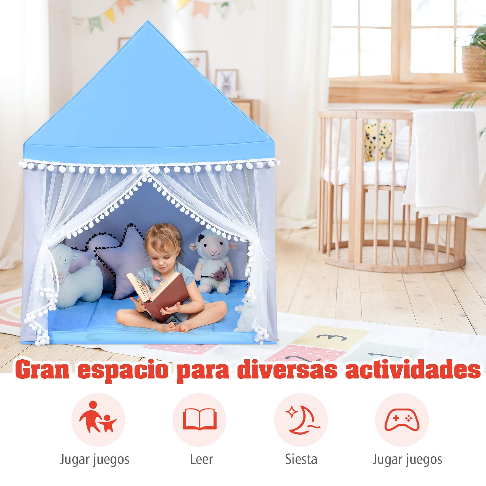 COSTWAY Casa de Juegos para Niños Tienda de Campaña para Niños Casita Infantil con Marco de Madera,Manta de Algodón y Techo Castillo Juguete para Niños 120x105x140 centímetros (Azul)