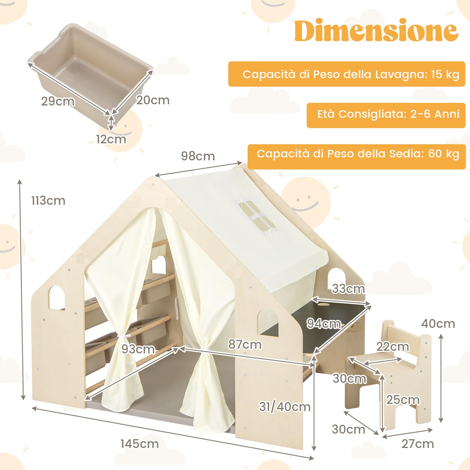 COSTWAY 6 in 1 Tenda per Bambini in Legno, Tenda Casetta da Gioco con Tavolo e Sedia, con Tappetino Lavagna e 6 Scatole Portaghiochi, Capanna per Bambini (Beige 98 x 145 x 113 cm)