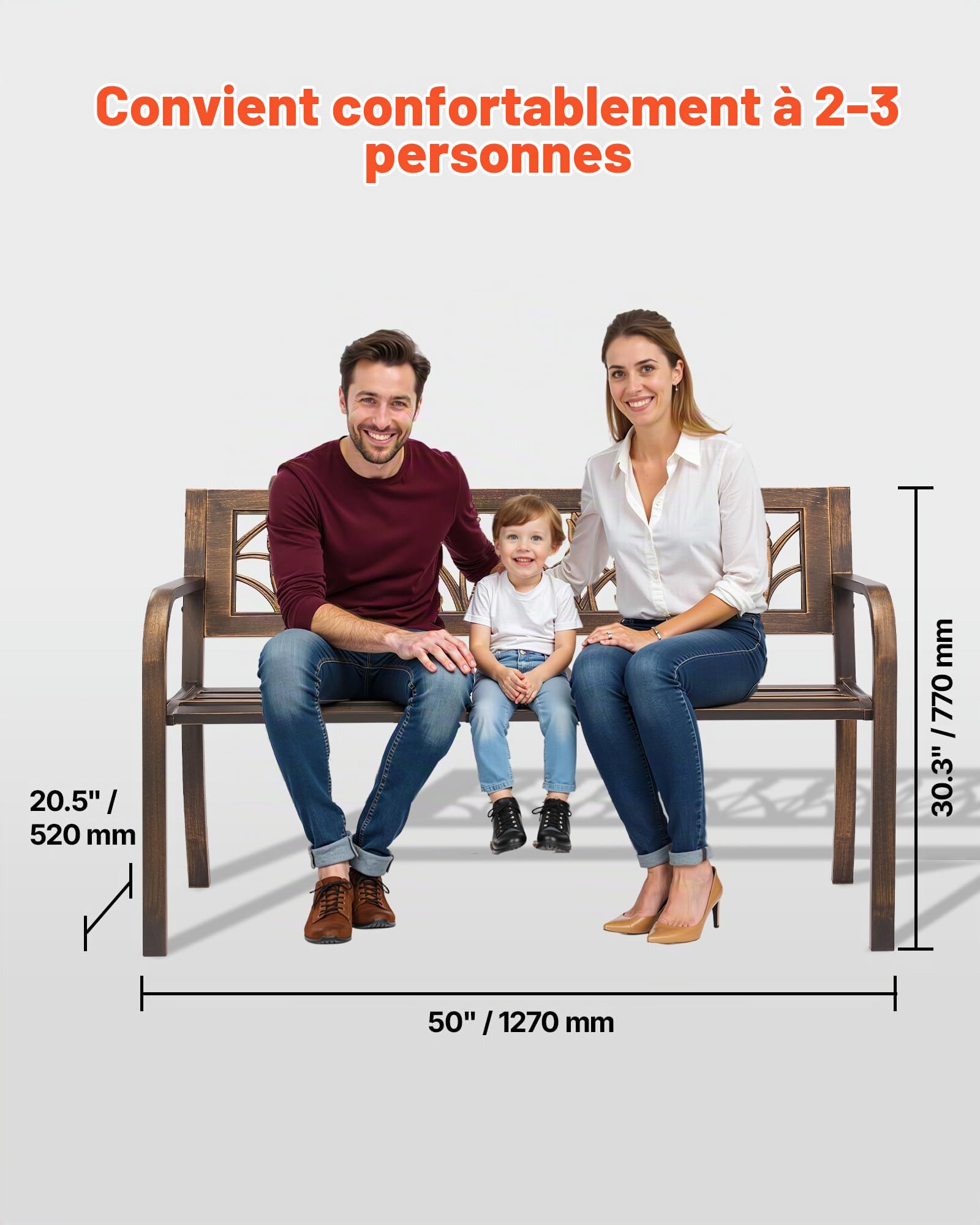 VEVOR Banc de jardin, 127 cm, banquette extérieur en acier carbone avec dossier en PVC à motif floral et accoudoirs à bords arrondis, banc résistant aux intempéries pour terrasse, parc, bronze antique