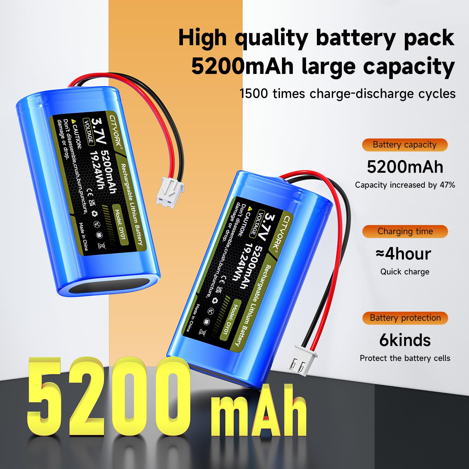CITYORK (2-Pack) 3,7 V/5200 mAh XH2,54/2P Recargable Batería, para 3.7V Solar inalámbricas cámaras de vigilancia, Juguetes RC, Bluetooth, Amplificadores, Radio, iluminación, circuitos inalámbricos