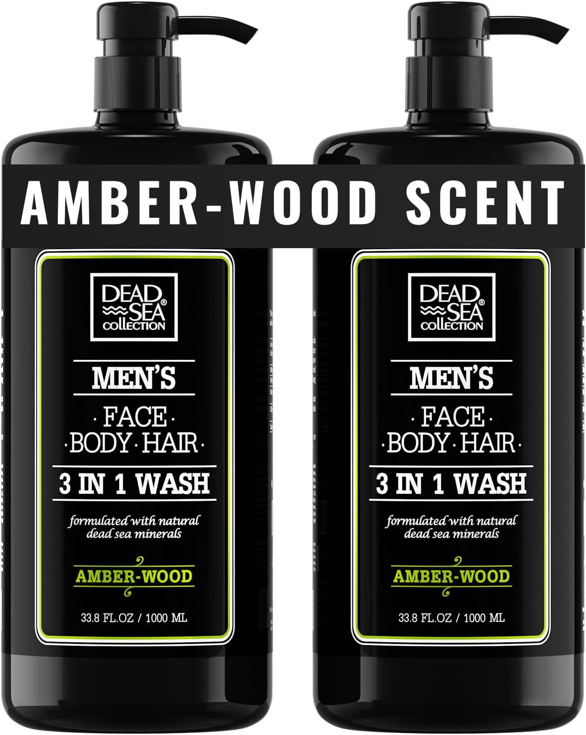 Amber Wood Men’s Body Wash – 3 in 1 Body Wash for Men for Hair, Face & Body – Moisturizing Shower Gel with Dead Sea Minerals – Pack of 2 (33.8 fl oz each)