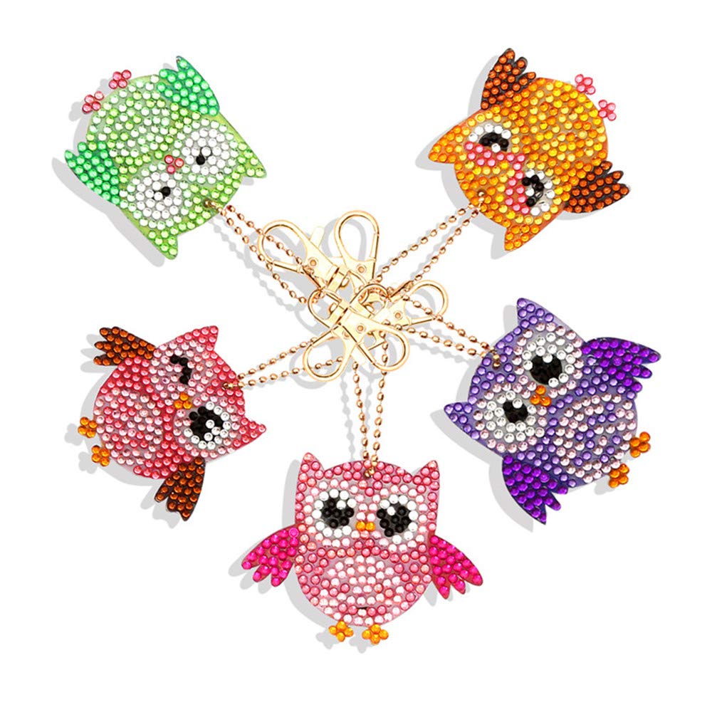 DIY Keychains, 5 Pack Key Chain Diamond Painting Kits for Adults,Owl Full Diamond Cell Phone Handbag and Key Pendant by Greatmin