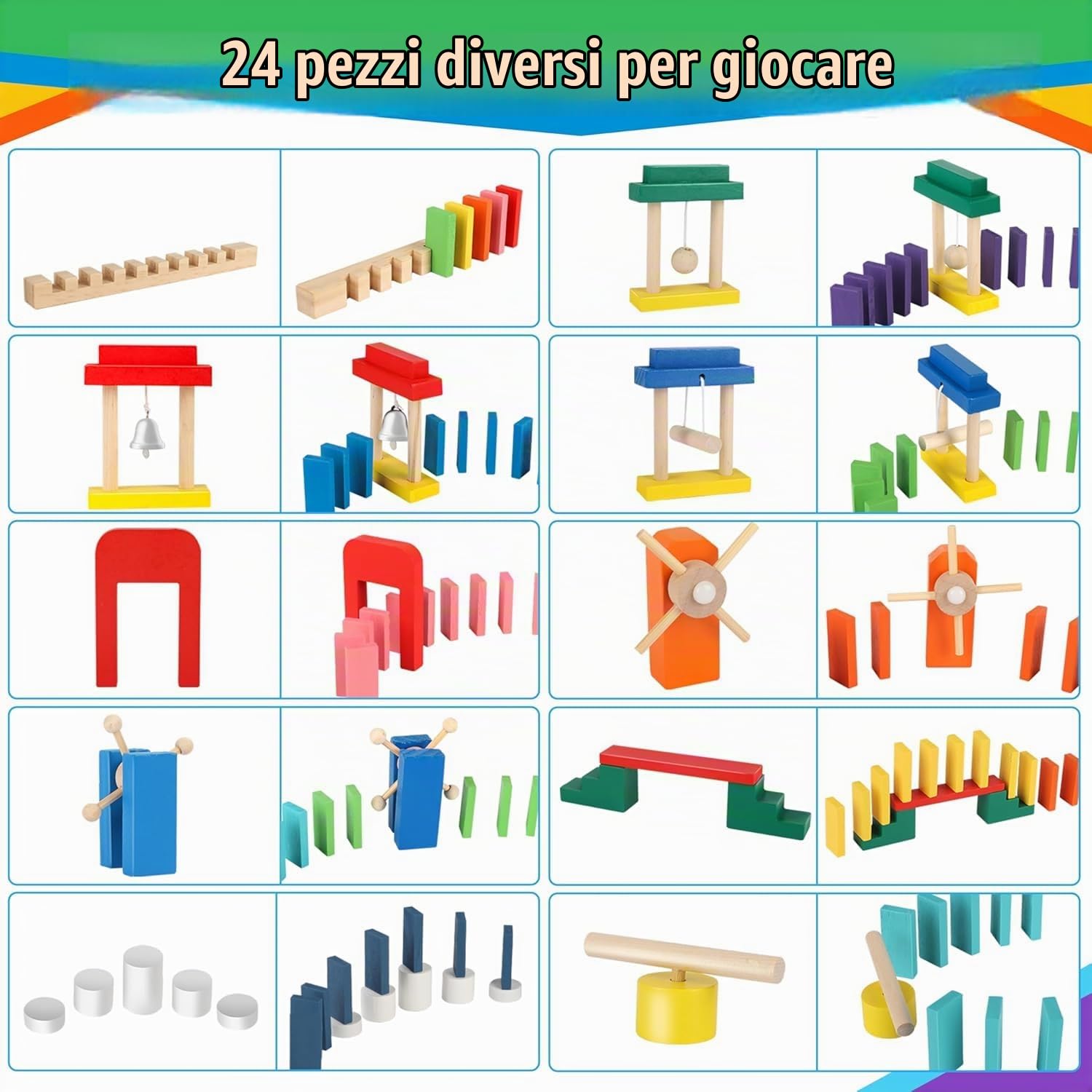 JONRRYIN 600 Pezzi Domino in Legno Set per Bambini, Blocchi da Costruzione in Legno Colorati con Borsa Portaoggetti, Montessori Domino Gioco Giocattoli Educativo Regalo