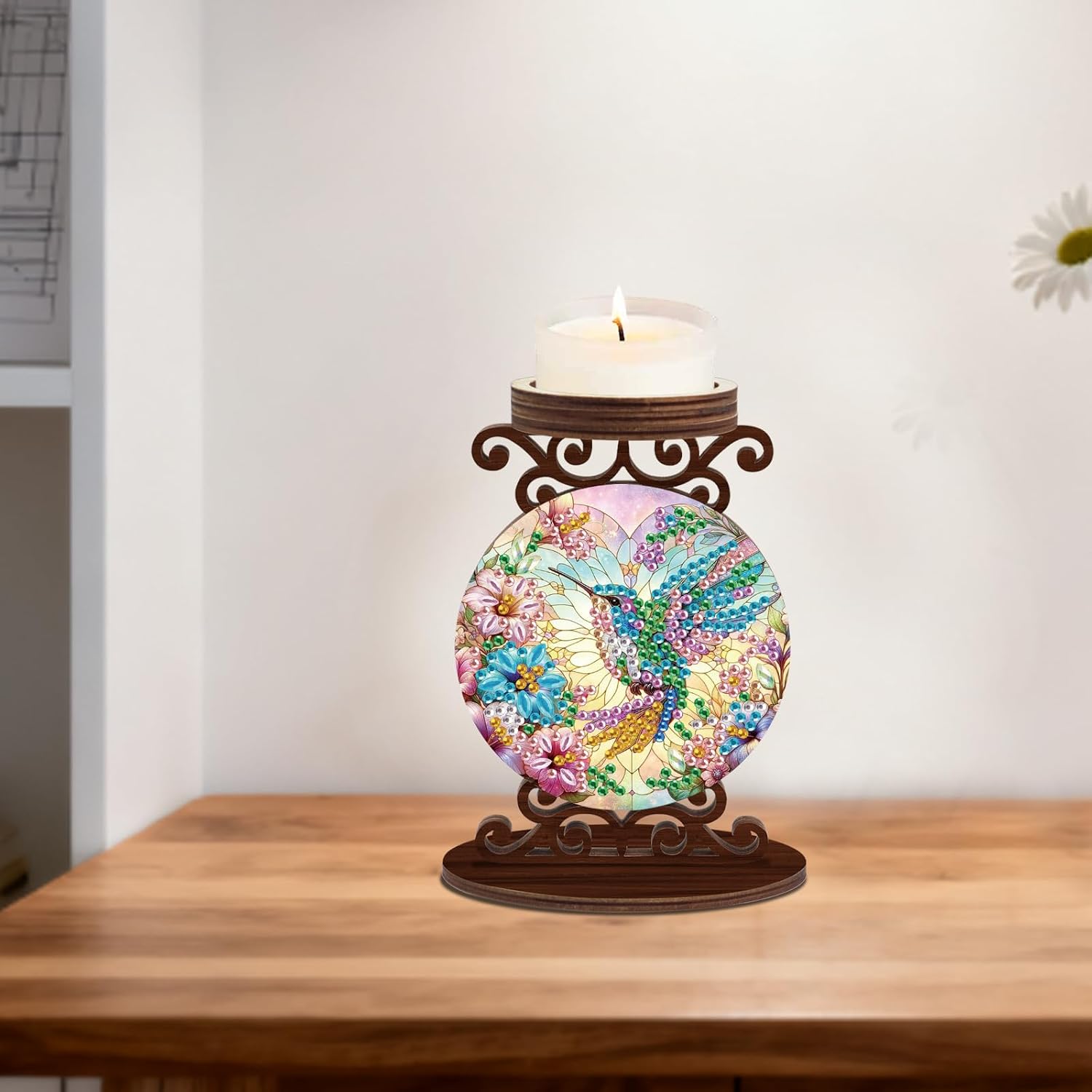 JISHSHAY Diamond Art Candle Holder Hummingbird Diamond Painting Candle Wooden Tray Bird Gem Painting Candlestick Holders Gem Art Candleholders Embroidery Mosaic Kits for Adults Desktop Decoration image 4