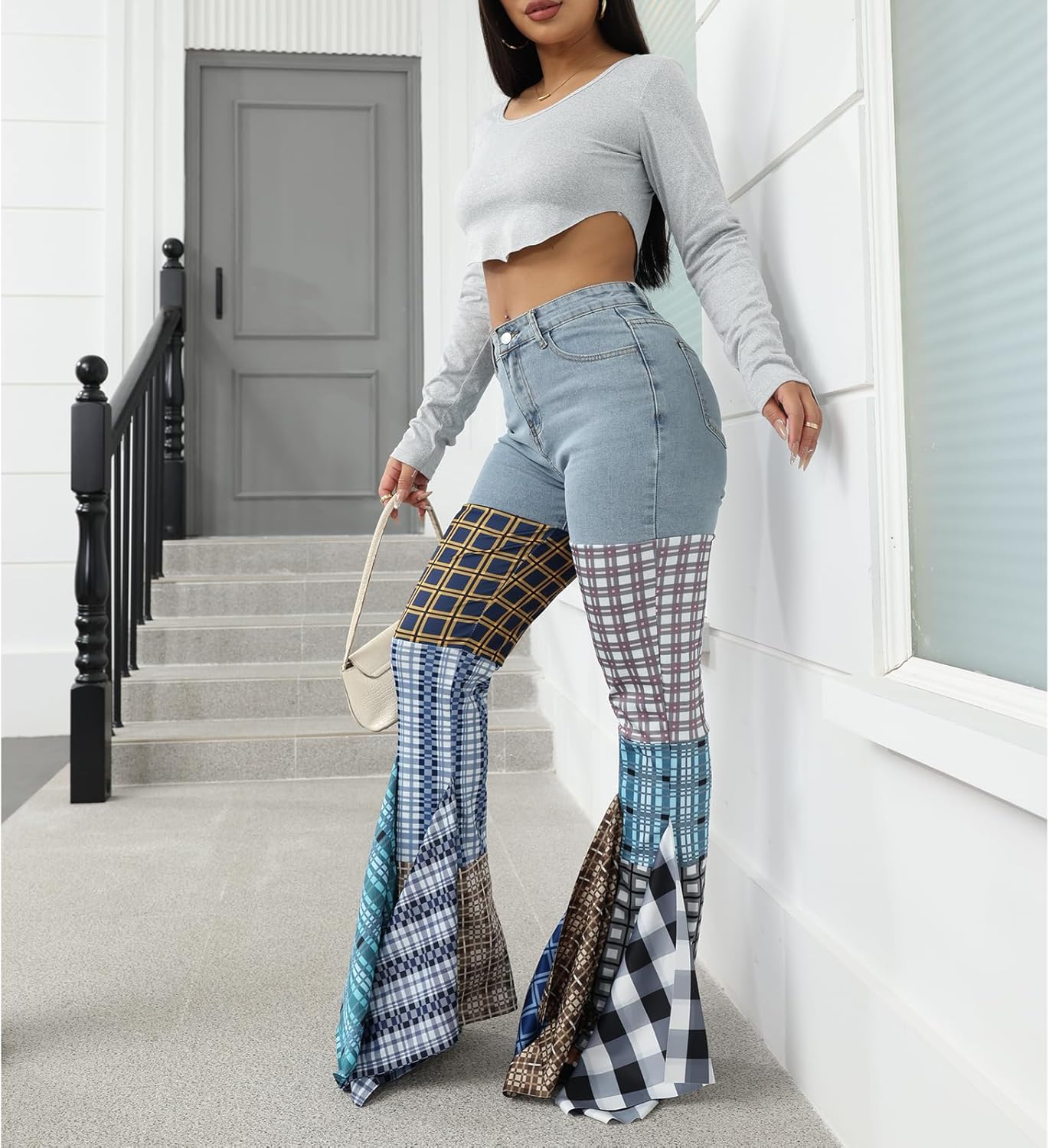 ThusFar Women High Waist Patchwork Flare Jeans Plaid Bell Bottom Ruffle Hem Denim Long Pants Trousers - Image 3