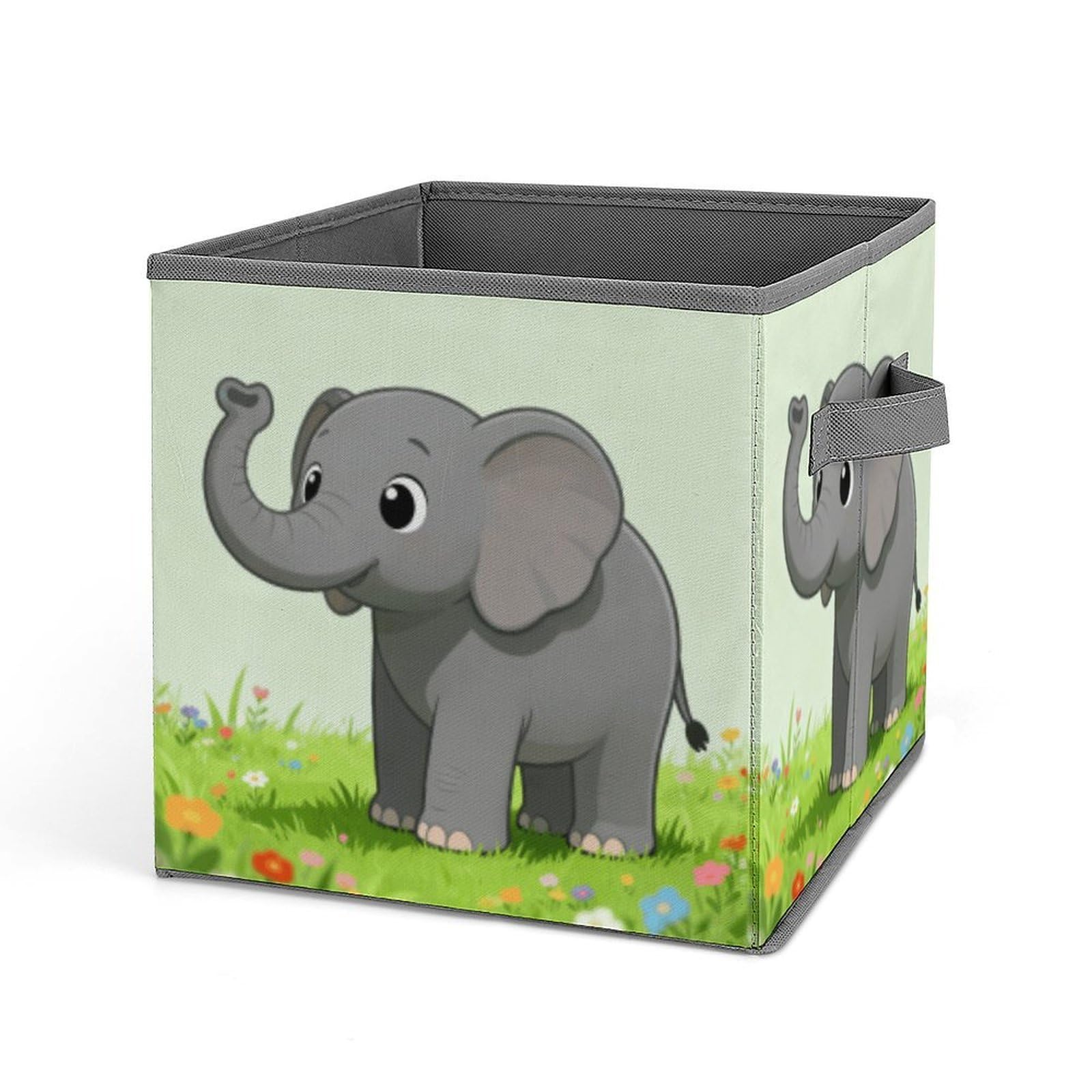 Elephant With Gray Storage Baskets Collapsible, Exquisite Pattern Cube Box, Canvas Fabric Storage Bins with Handles, Clothe Organizer Box for Home Decorative Office Bedroom