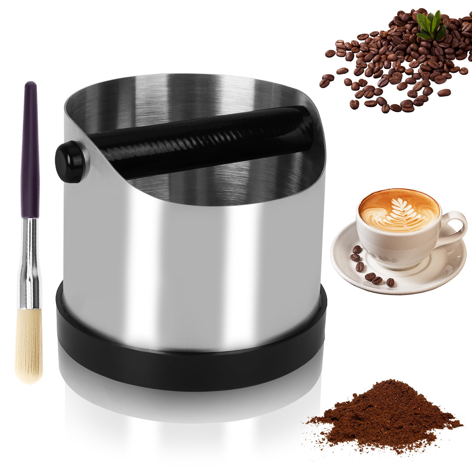 Knock box per macinadosatore per caffè,Realizzato in acciaio inox da 700 ml,con barra in gomma rimovibile e spazzola per la pulizia, scatola silenziosa,adatto per molte macchine per caffè espresso