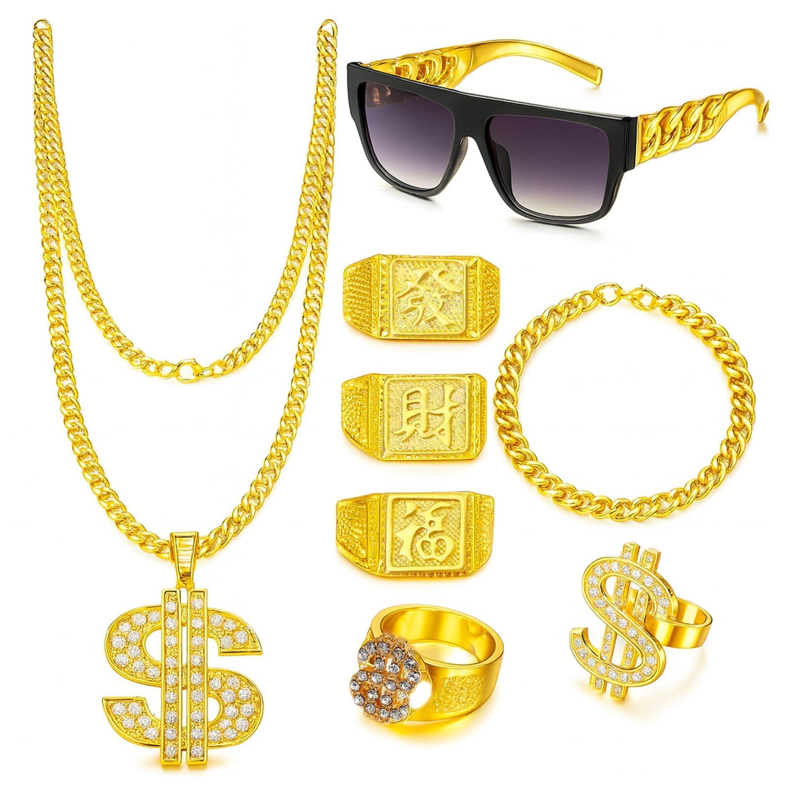 YFHUVB 8Pcs Hip Hop Party Decorations, Fake Gold Chain, Fake Gold Dollar Necklace Accessories, Hip Hop Ring, Hippie Glasses
