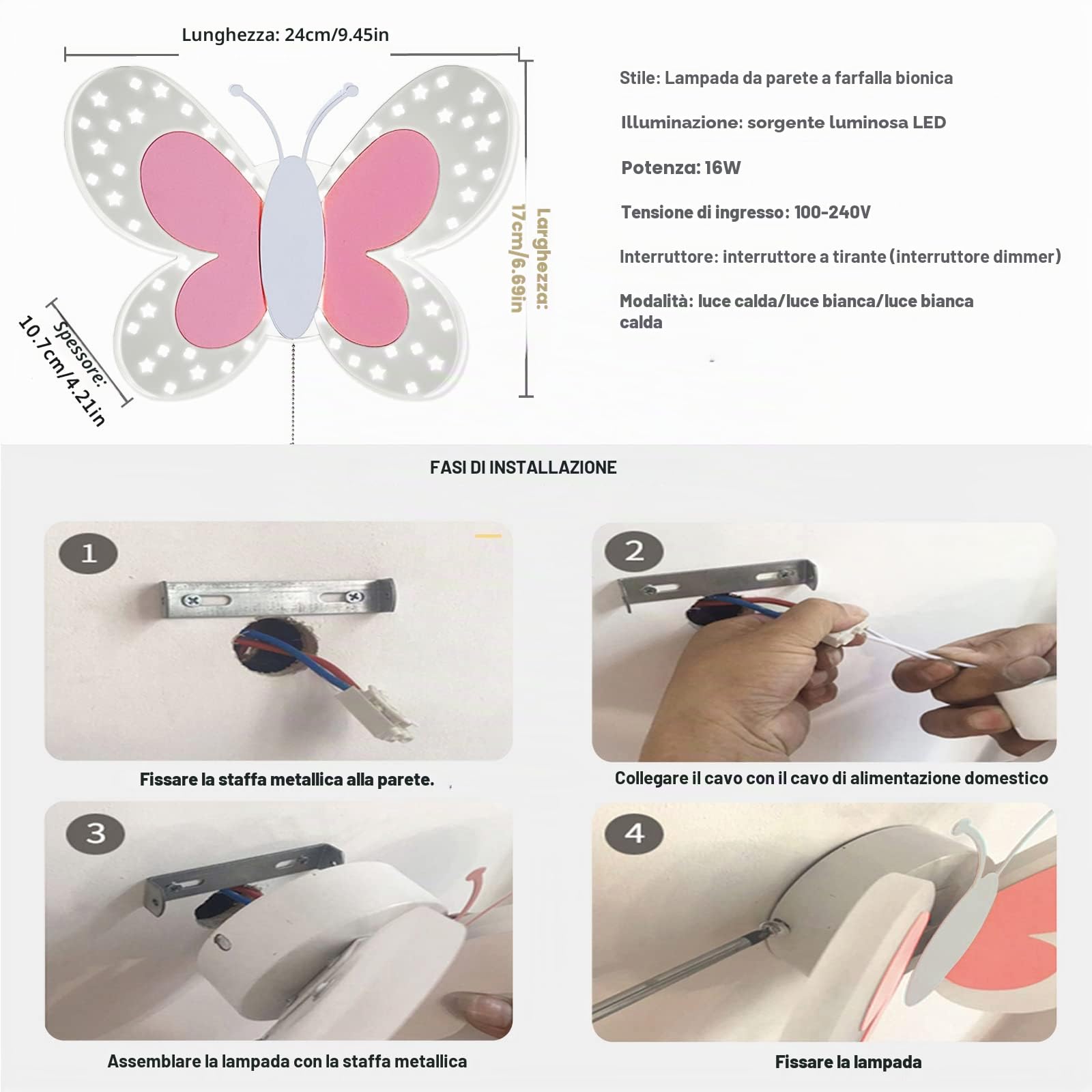 Lampada da Parete a LED per Cameretta dei Bambini, 16W Lampada a Muro con Interruttore, Effetto Stella Illuminazione a Parete per Camera da Letto, 3 Temperature di Colore Regolabili, Rosa