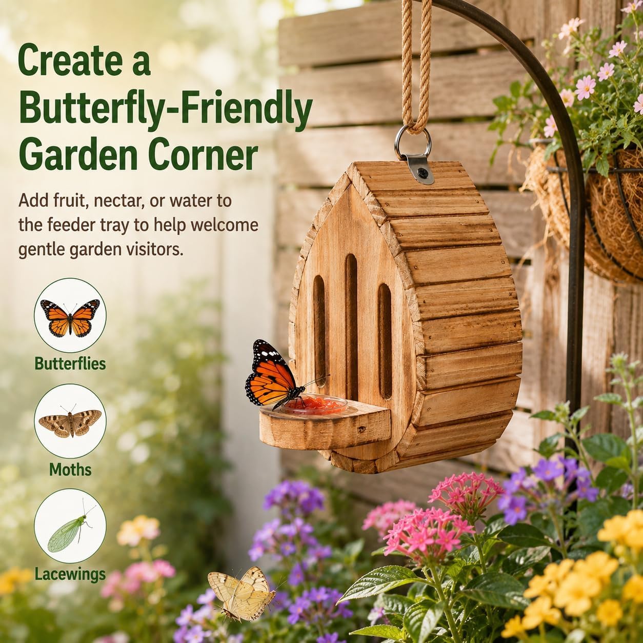 Schmetterlingshaus, Schmetterlingshotel aus Holz mit Seil & Futterstation, Bienenhotel Wetterfest, Wildbienen Nisthilfe, Insektenhotel für Bienen, Marienkäfer, Schmetterling Garten，2 Stück