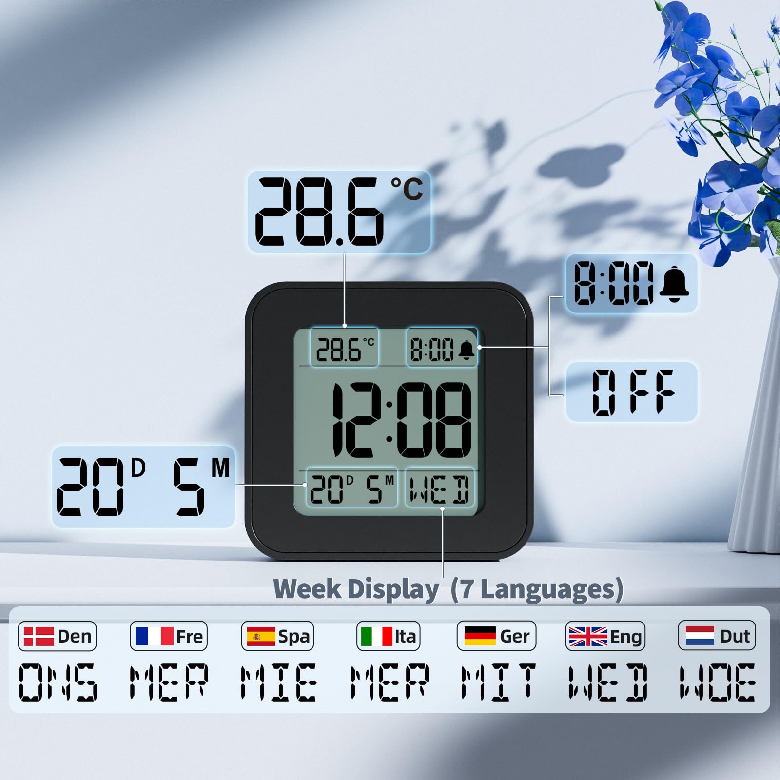 LATEC Réveil, Réveil Numérique à Piles avec Température et Calendrier, Alarme, Snooze, Rétroéclairage pour Voyage, Chambre, Bureau(Piles incluses)