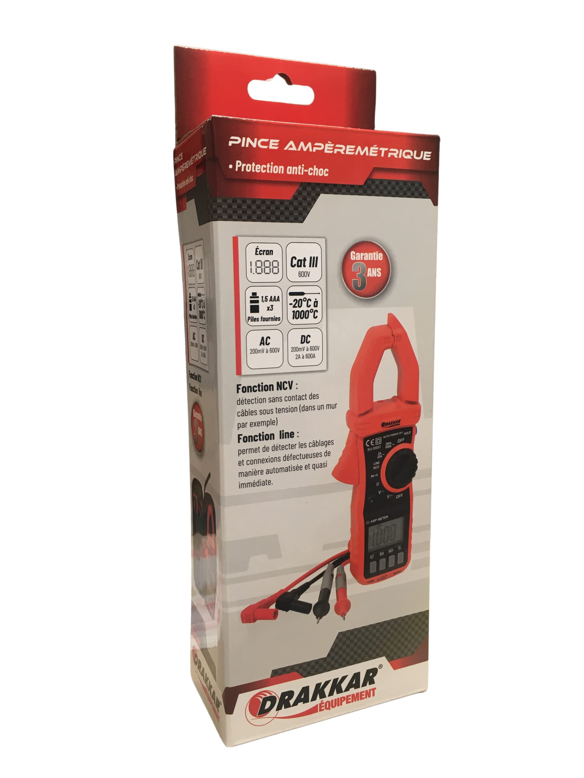 Mini pince ampèremétrique de poche Professionnel Antichoc Multimètre numérique Drakkar - SUPERSHOPE - Cat III AC 600A, écran LCD rétroéclairé, NCV et LINE, automatique, Testeur Electrique