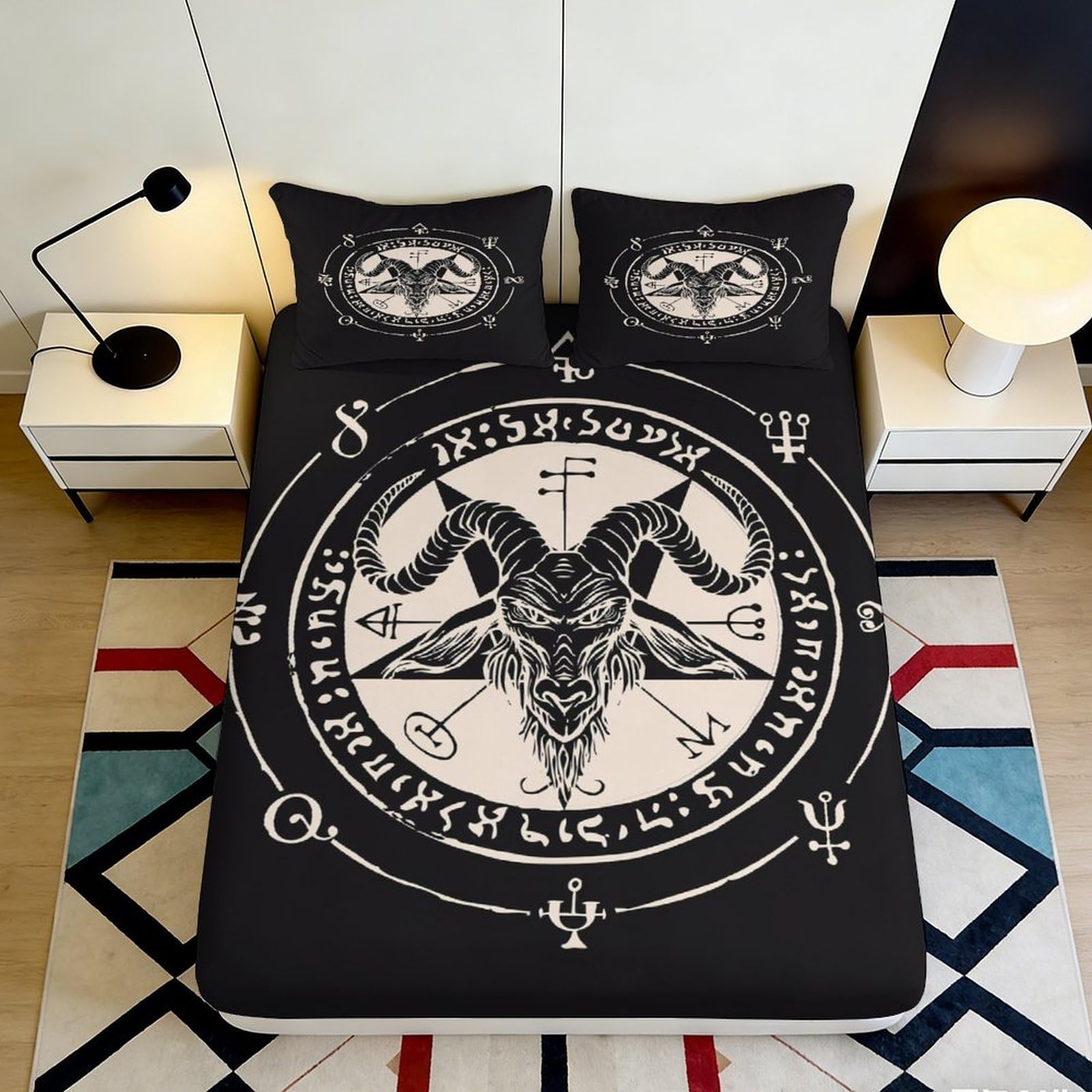 3D Printed Occult Goat Skull Fitted Sheet Microfiber Black Witchcraft Zodiac Bed Cover for Bedroom Dorm Decor 90x200x25cm