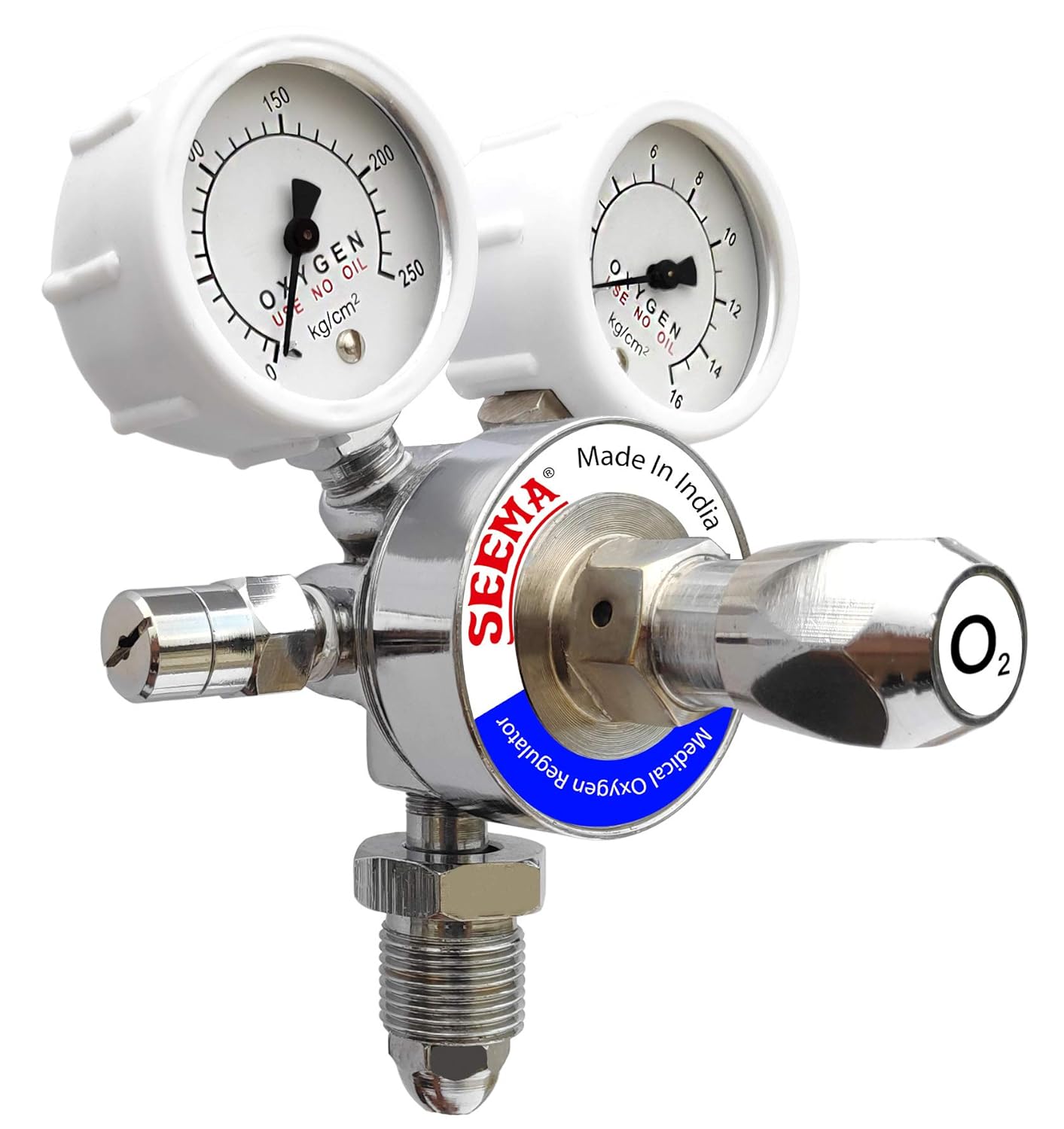SEEMA® Single Stage Double Gauge Medical Oxygen Gas Pressure Regulator (Output Pressure Preset at 4 bar) (MOX) (For Hospital, Clinic, Home Use) | Silver Colour | 1 Unit SEEMA® Single Stage Double Gauge Medical Oxygen Gas Pressure Regulator (Output Pressure Preset at 4 bar) (MOX) (For Hospital, Clinic, Home Use) | Silver Colour | 1 Unit