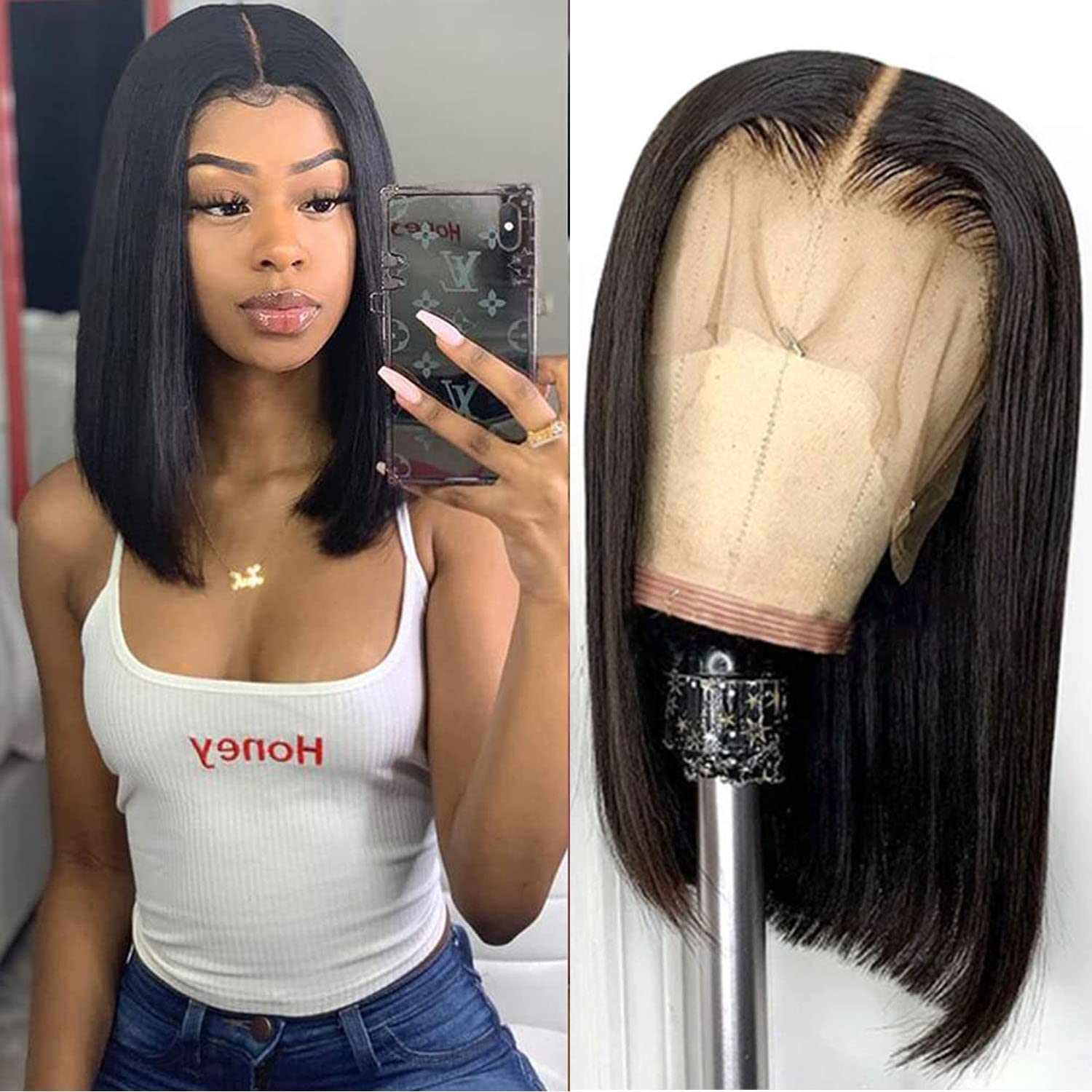 ZHUO JIA12Inch Short Bob Wig Human Hair HD Transparent Bob Lace Front Wigs Human Hair Glueless Brazilian Straight Human Hair Bob Wigs for Black Women T part Lace Frontal Wigs 150% Density