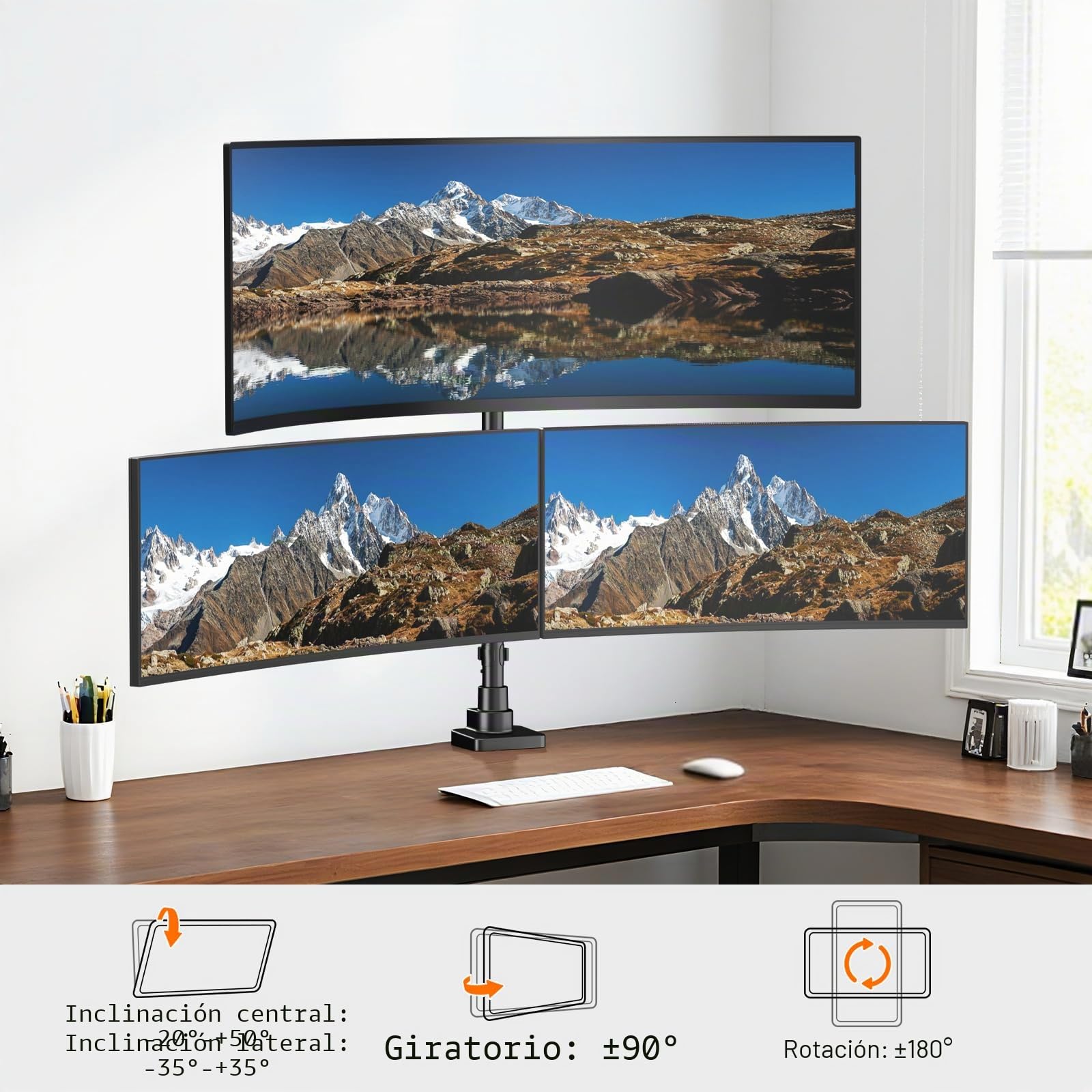 Soporte 3 Monitores-1 Fijo 49" y 2 Gas Spring 35",Columna de 80 cm Brazo Monitor Totalmente Ajustable,Capacidad de Carga máxima 20 kg