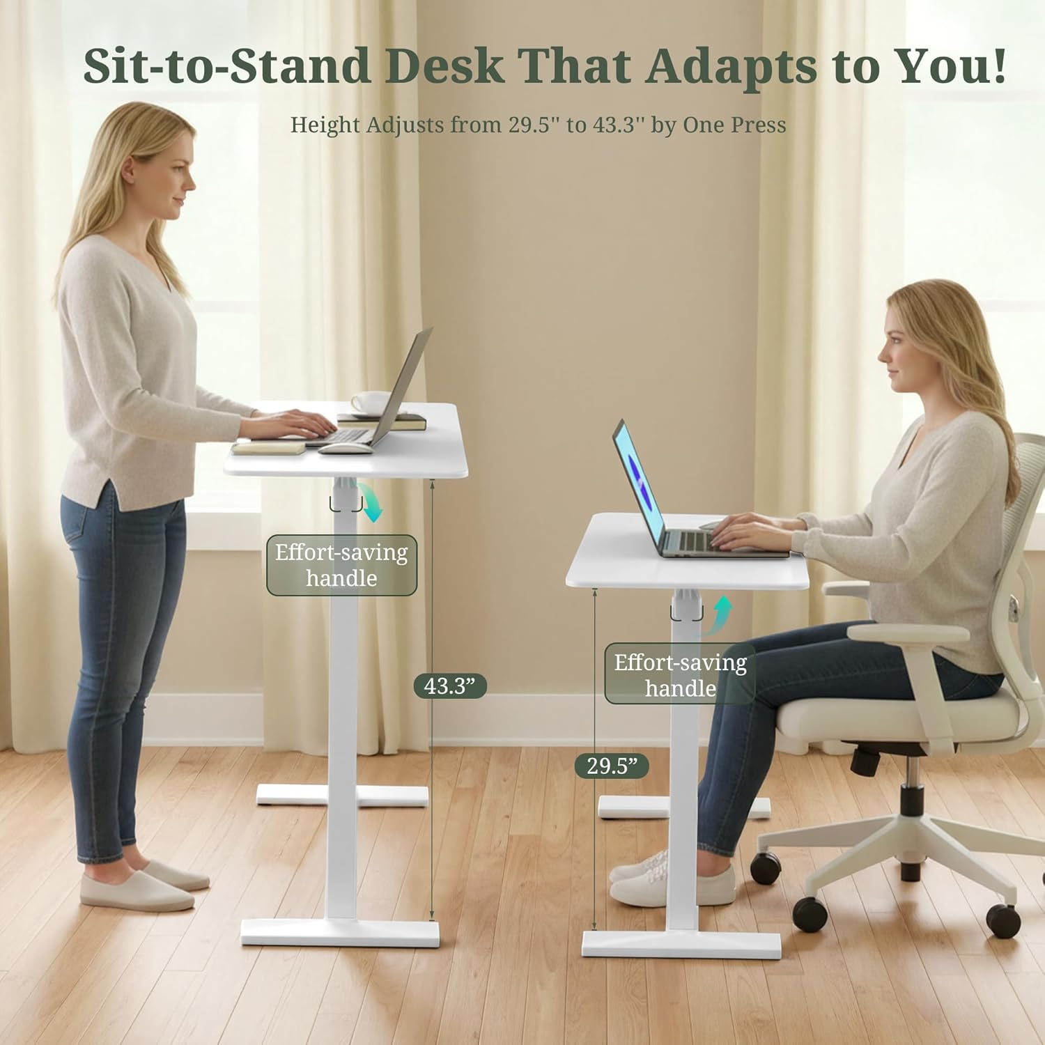 Mobile Standing Desk, Adjustable Height Desk with Hidden Casters, Portable Laptop Computer Table with Rolling Wheels, for Sit Stand Workstation, Compact and Sturdy for Home, Office, Dorm, White