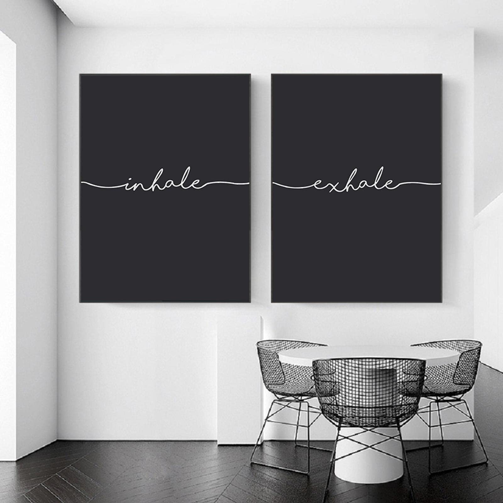 Yooyu Black Gold Silver Inhale Exhale Arte de la pared Impresiones Carteles Letras Citas Pintura en lienzo para la sala de estar Decoración del hogar 55x80cmx2 Marco interno