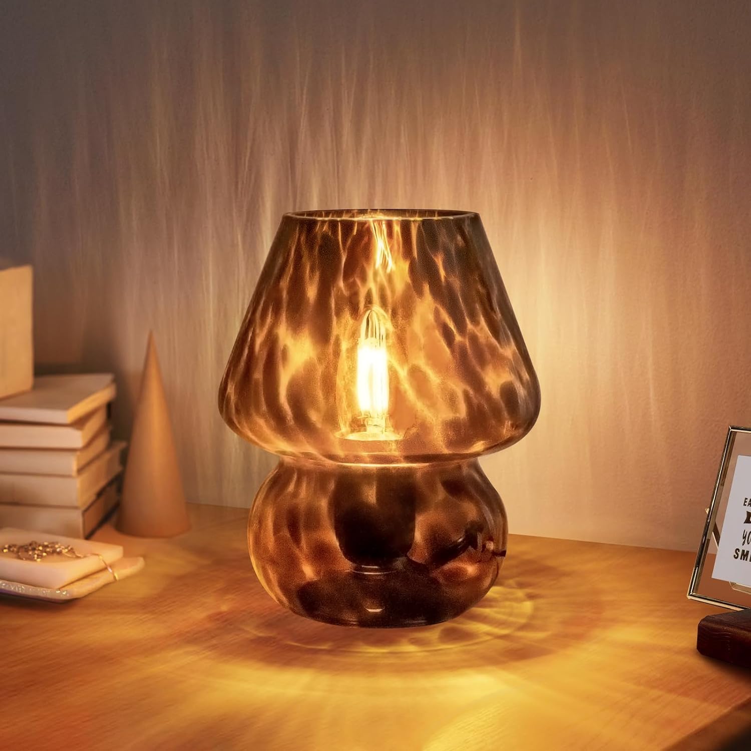 Lampara Seta Lámpara de mesa Vintage Cristal Lampara de mesilla con Cable Lámpara de sobremesa Regulable con bombilla de 3 colores Lámpara de escritorio Retro Lámpara de noche Seta Mini Lámpara LED
