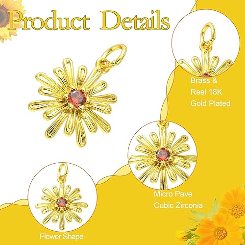Miniatura 4 de Ipotkitt 20 dijes de flores de latón con circonita cúbica con anillo de salto, dijes en forma de flor para manualidades, pulseras, collares, joyería