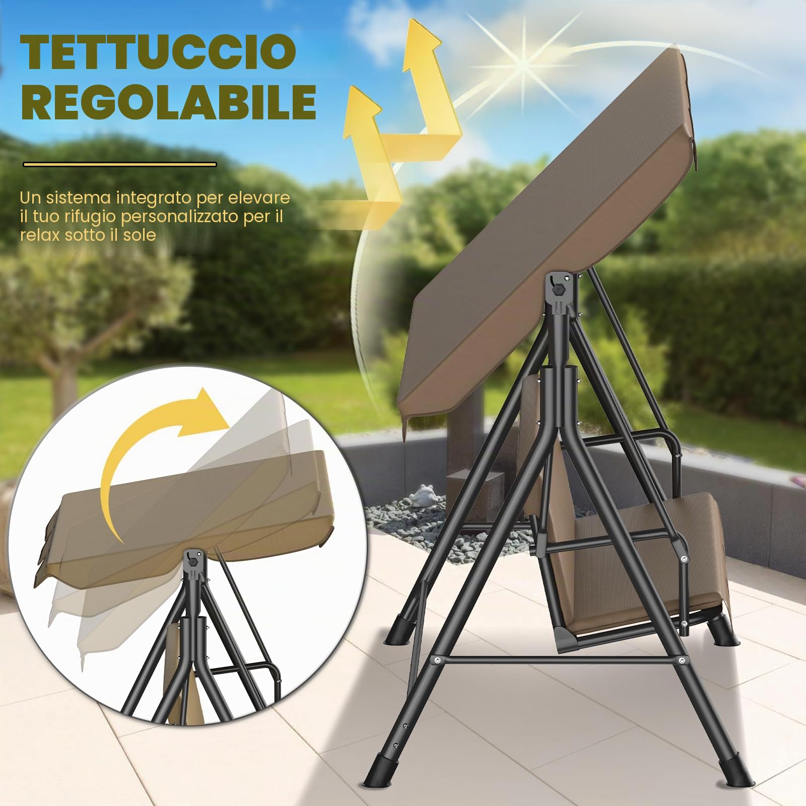 Dondolo da giardino a 3 posti, tettuccio parasole regolabile, imbottitura, acciaio, 175x110x152 cm, per giardino e terrazza, portata 200 kg, marrone