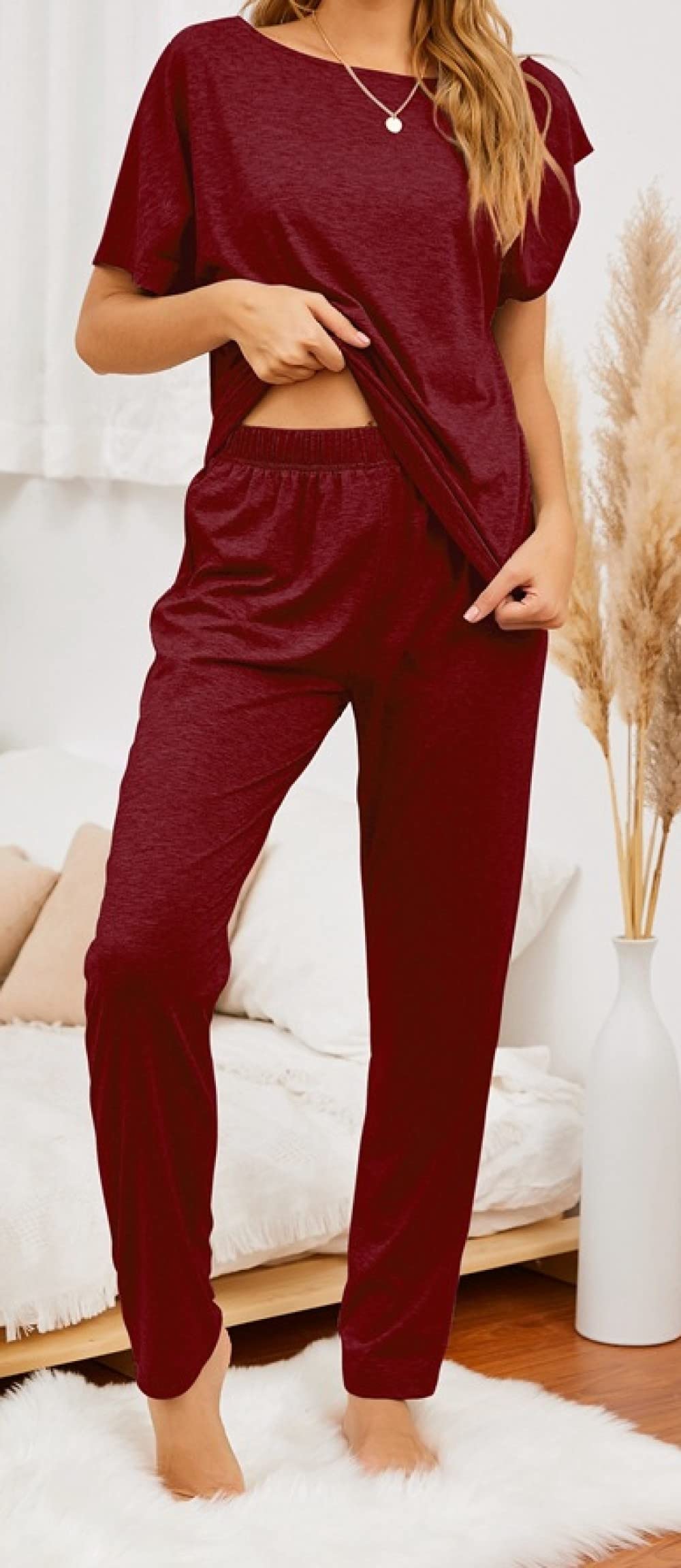 Donna Pigiama Estivo Due Pezzi,Pigiama Da Donna A Maniche Corte Rosso Di Grandi Dimensioni Set Da 2 Pezzi Pigiama Da Donna Morbido E Confortevole Loungewear Regalo Per La Festa Della Mamma Per Mogli