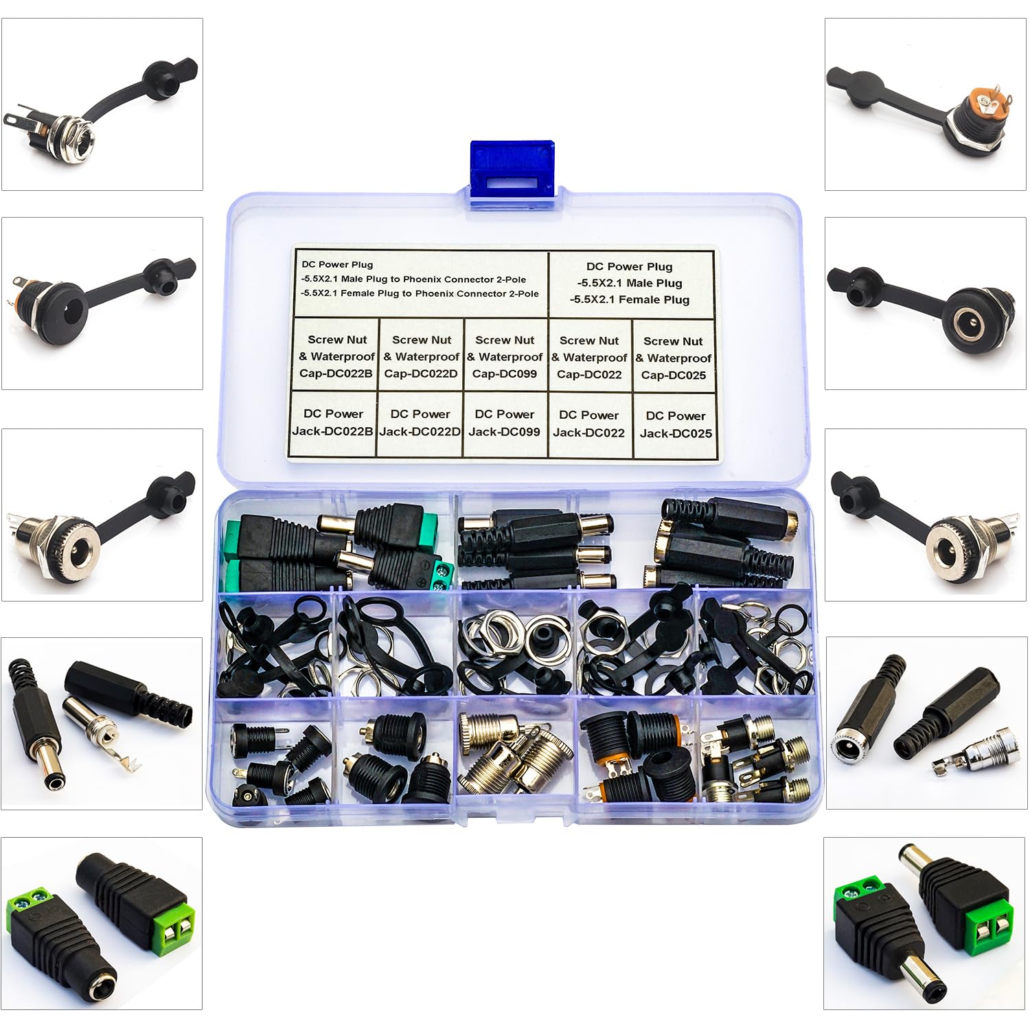 Kidisoii DC Power Jack Connector Assorted Kit, 5.5x2.1mm DC Power Supply Jack Socket Male Female Panel Mount Connector with Waterproof Cap & Hex Nut DC022B DC022D DC099 DC022 DC025 (DC-Cap-Kit)
