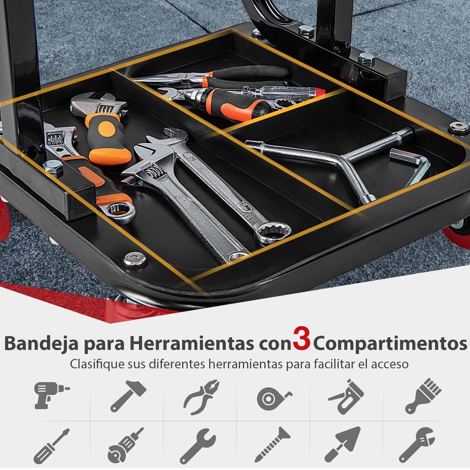 COSTWAY Asiento Rodante, Taburete para Garaje y Taller, Asiento para Mecánicos Acolchado con Bandeja para Herramientas, Asiento Rodante con 4 Ruedas Universales, Capacidad de Carga de 150 kg