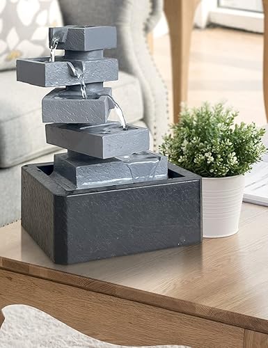 Miniatura 6 de SEINHIJO Fuente de agua de mesa para interiores, Fengshui, cascada, centro de mesa, decoración moderna, escultura, regalos, luces LED de 11 pulgadas