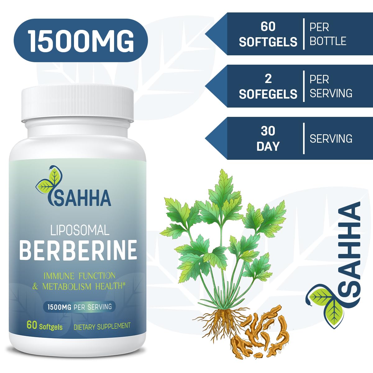 Sahha Liposomal Berberine HCL 1500mg – Supports AMPK & GLP-1 Activation, High Bioavailability for Men & Women Overall Health Supplement