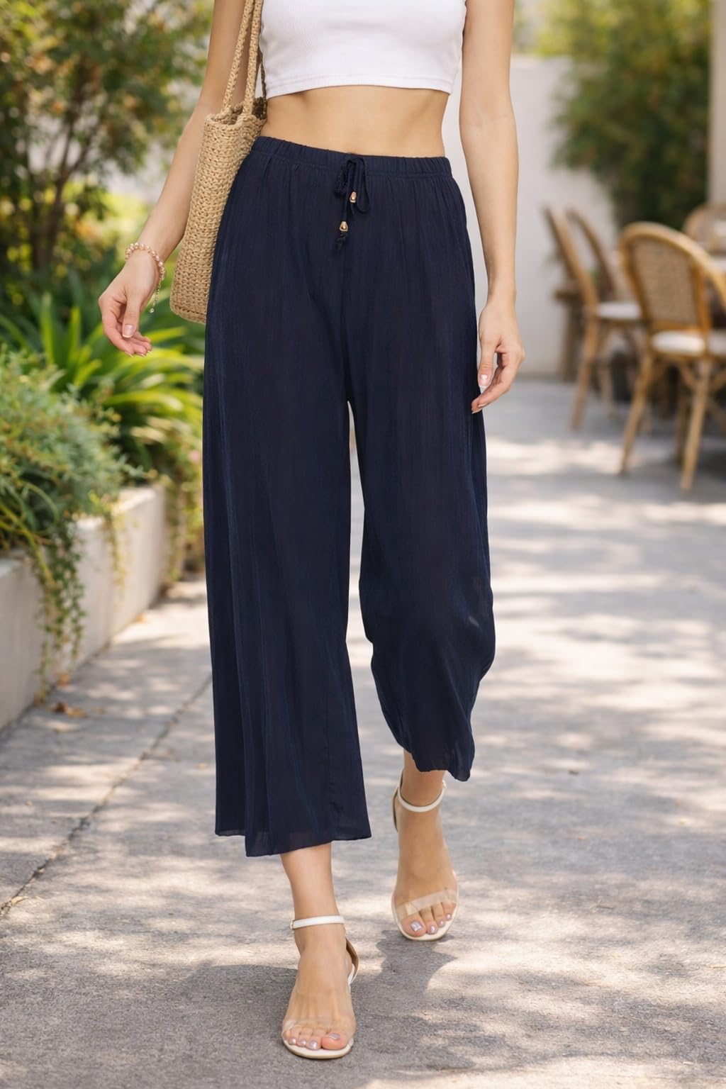 Women’s Palazzo Pants | Elastic Waist with Drawstring | Wide Leg Cropped for Casual & Office Wear-image-39
