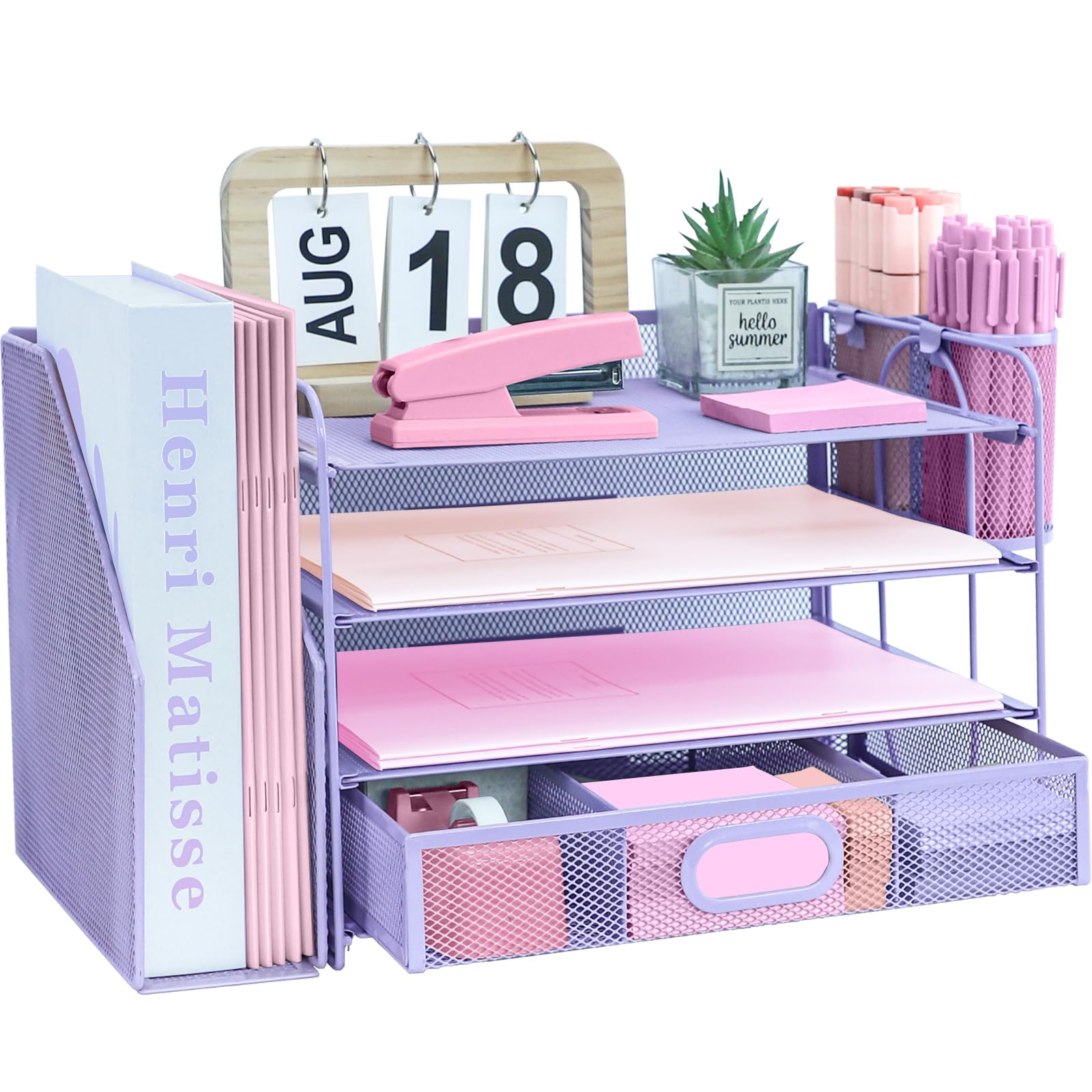 ideallife Desk Organizers and Accessories with File Holder, 4-Tier Paper Letter Tray Organiser with Drawer and 2 Pen Holder, Mesh Desktop Document Organizer for Office Supplies, Workspace - Purple