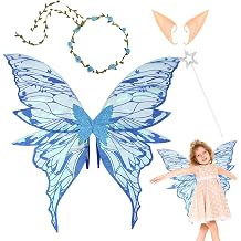 Butterfly Wings for Girls, Costume Fancy Dress Angel Wings with Fairy Wand & Elf Ears, Costume Accessory for Princesses, Role Play, Stage Performance