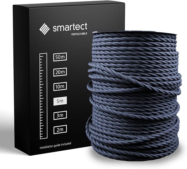smartect Antracyt Kabel Skręcony Tekstylny, 5 Metrów Kabel w Oplocie Elektryczny, 3 Żyłowy (3 x 0,75 mm²) Elektryczny Kabel w Oplocie Tekstylnym do Własnych Projektów DIY