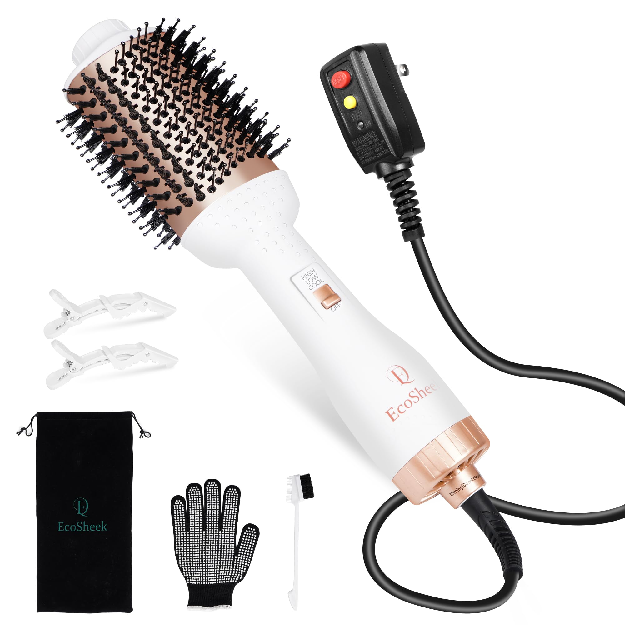 Hair Blow Dryer Brush EcoSheek - 4 in 1 Volumizer, Ceramic & Ionic, Anti-Frizz, Titanium Barrel, ALCI Plug, 1.3 lbs, 1.83 in Handle, 2.83 in Comb
