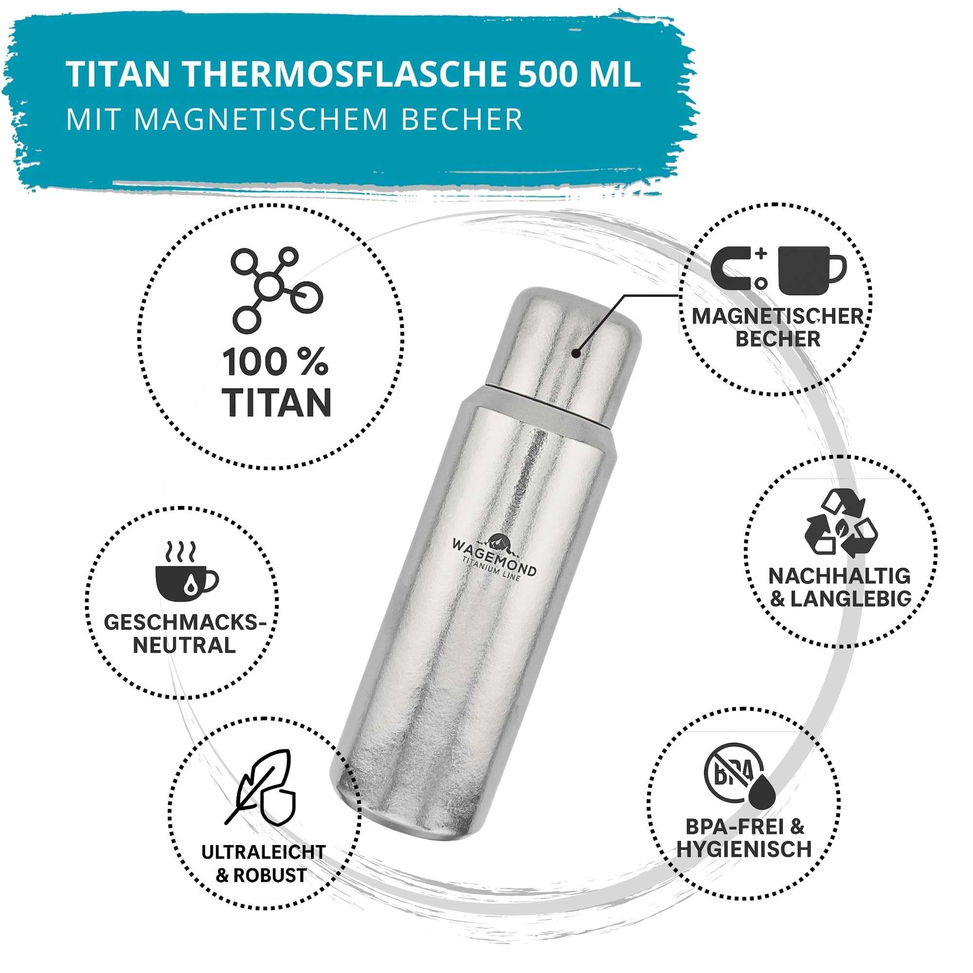 Thermos in titanio da 500 ml, ultra leggero e a doppia parete, isolato, 100% titanio, senza BPA, con tazza magnetica, colino da tè, custodia protettiva e spazzola per la pulizia, all'aperto