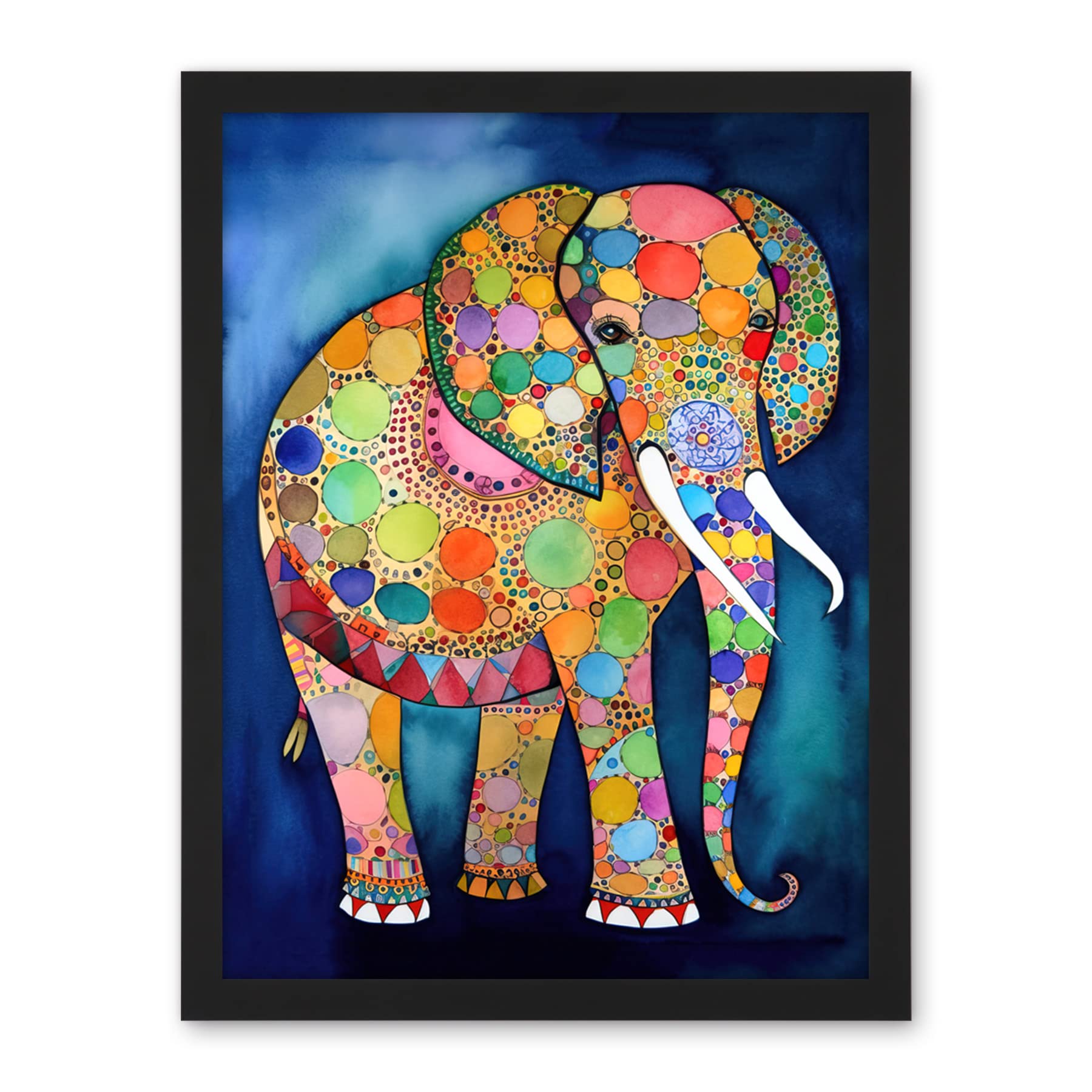 Artery8 Elephant With Patterns Folk Art Watercolour Painting Artwork Framed Wall Art Print 18X24 Inch