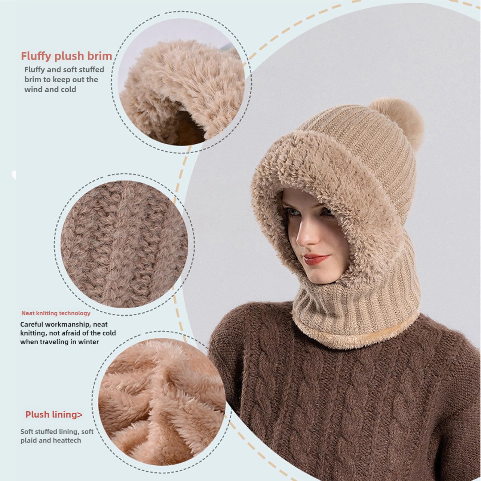 Zaktualizowana wersja Damska czapka zimowa Pom Pom Ski Bobble Cap, z pokrywą szyi Maska na twarz do spacerów na świeżym powietrzu,Black