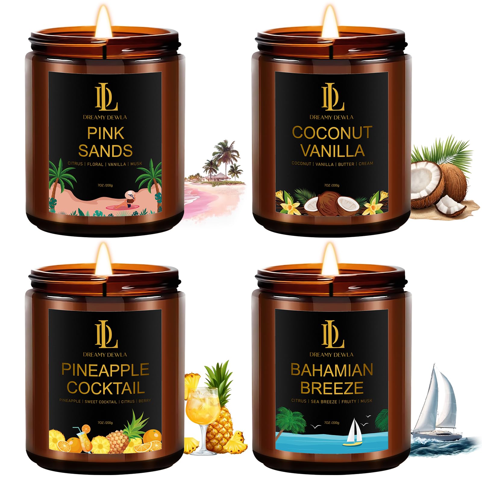 4 Pack Scented Candles Set, Natural Soy Candles for Home Scented, Gifts for Men Women Aromatherapy Candle Sets, Scents of Pink Sands/Coconut Vanilla/Bahamian Breeze/Pineapple Cocktail