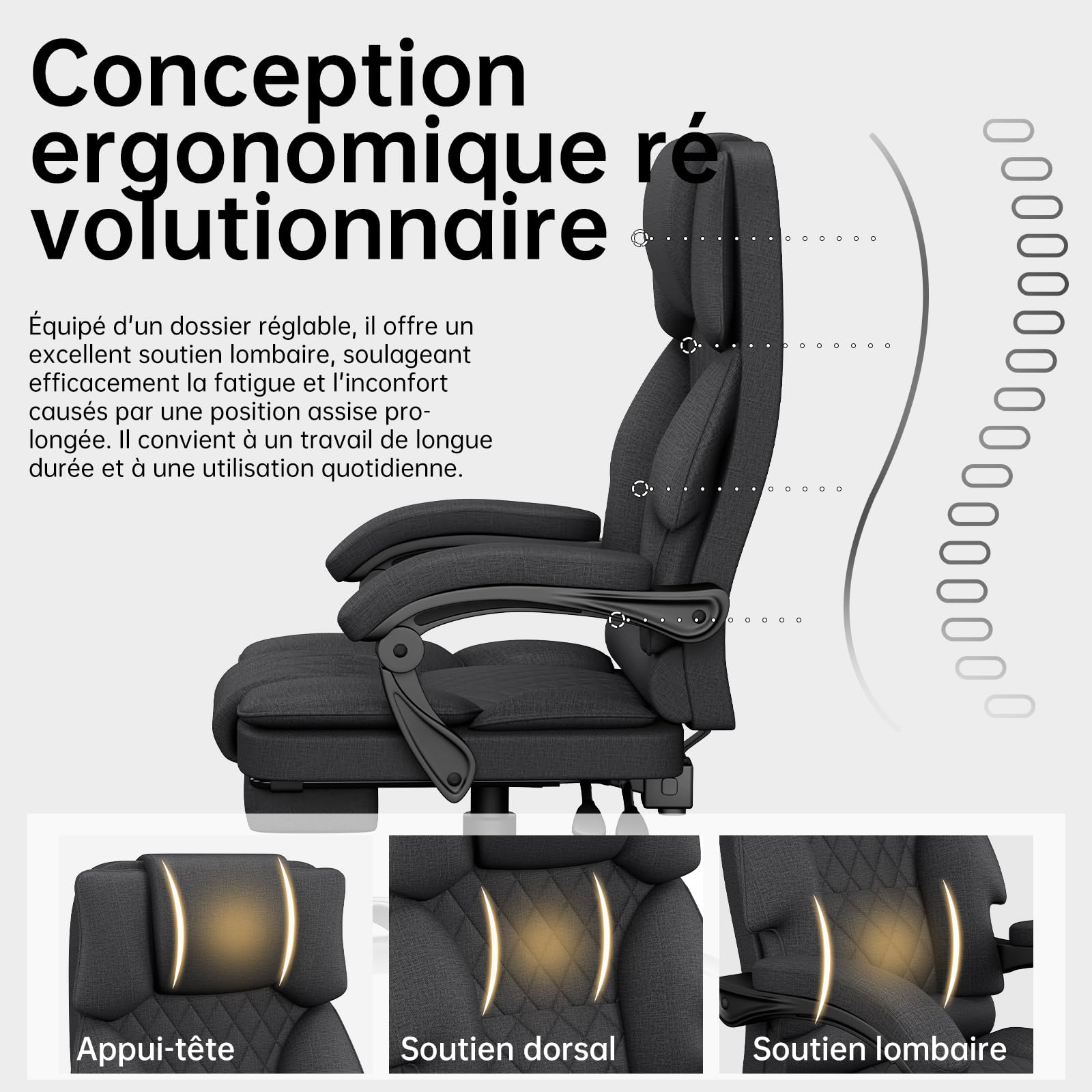Chaise Bureau, Chaise de Bureau Ergonomique Repose-Pieds Tissu, Fauteuil de Bureau Réglable Hauteur, roulettes Rotatives, Fauteuil Bureau Ergonomique Dossier Réglable, Chaise Gaming, Gris Foncé